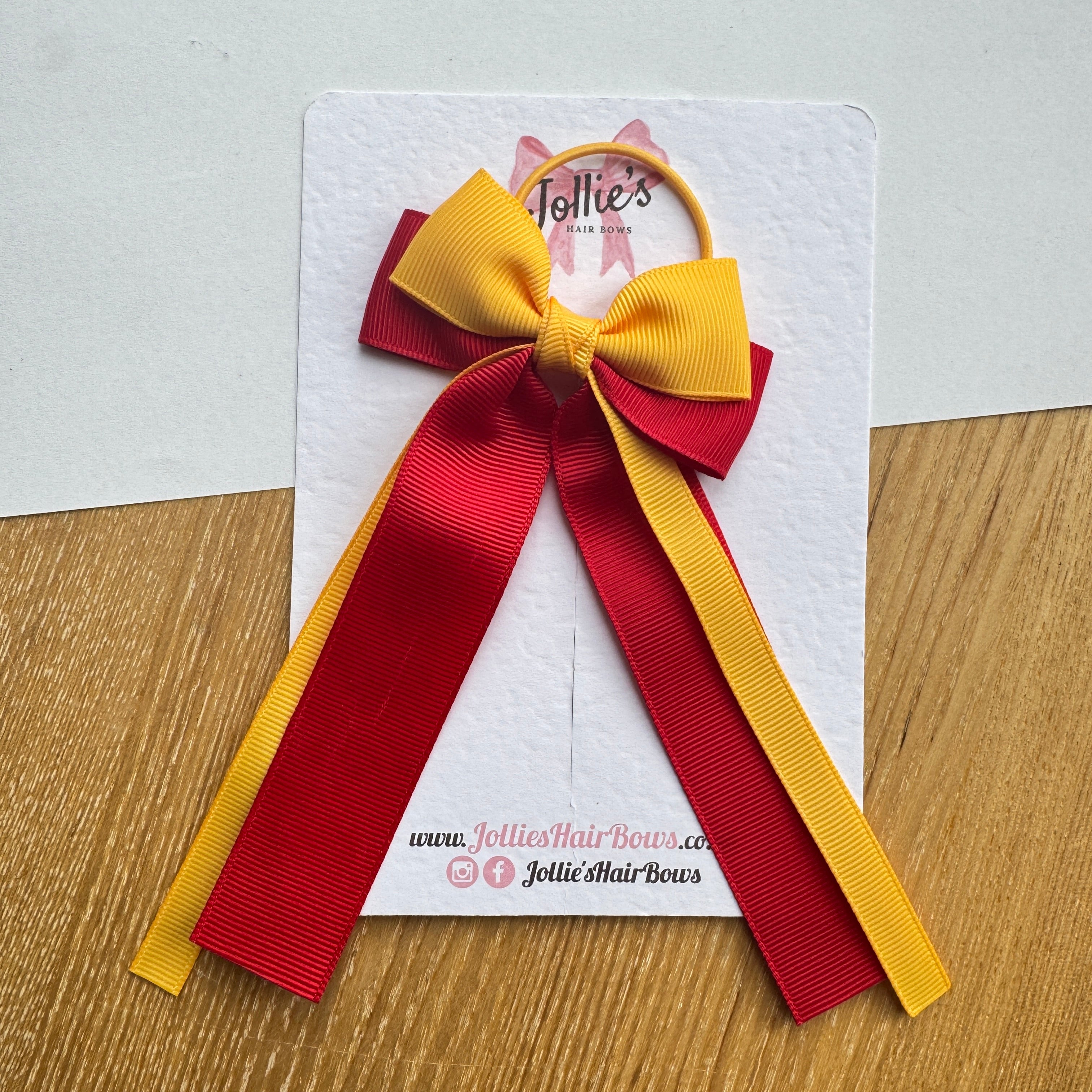 3" Red & Yellow Gold Ribbon Tail Hair Bow – Grosgrain Ribbon with Thin Elastic Bobble