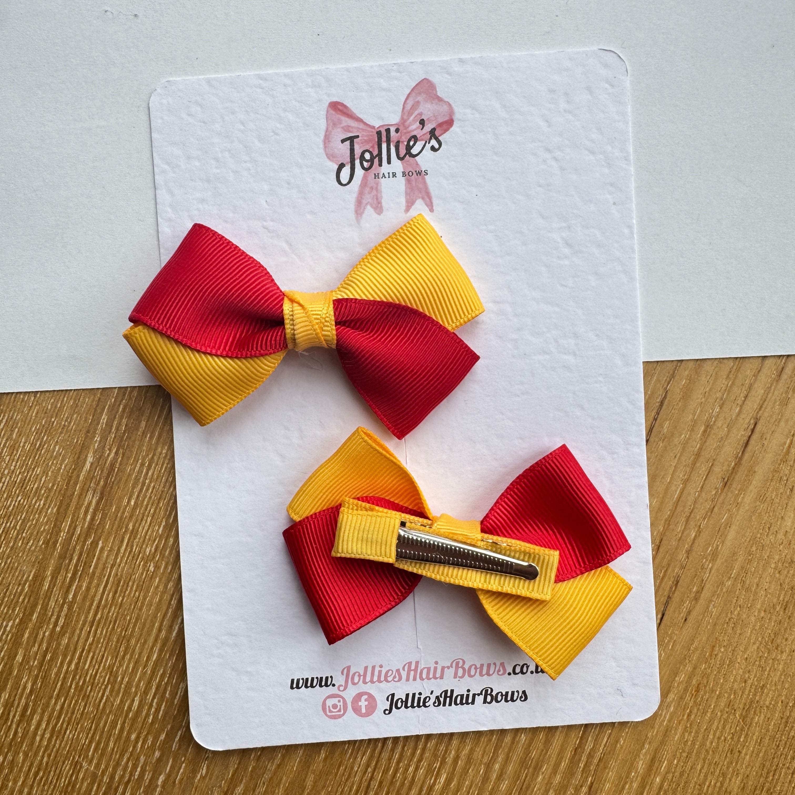 3" Red & Yellow Gold Twisty Hair Bow Pair – Grosgrain Ribbon Clips with Teeth