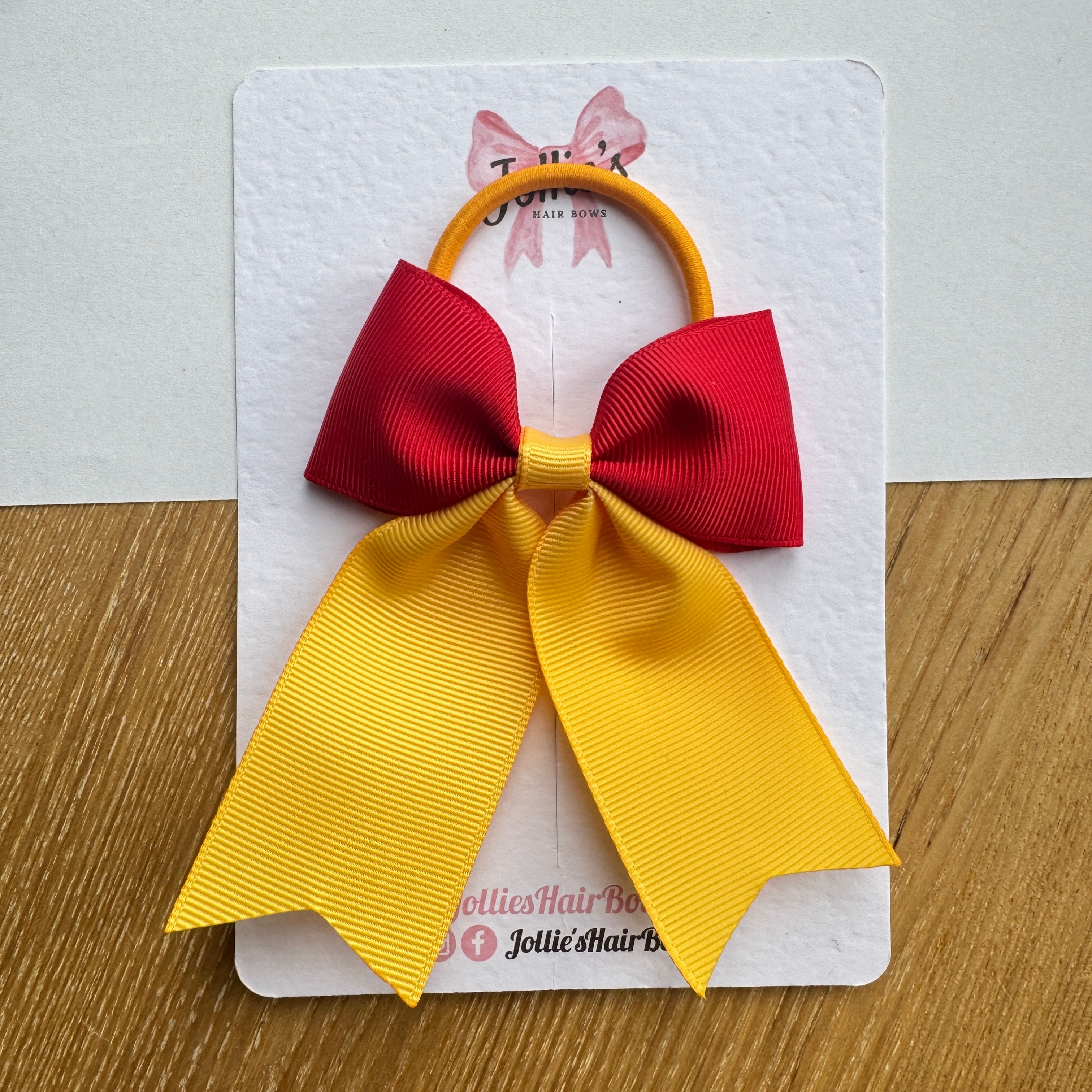 4.5" Red & Yellow Gold Tail Hair Bow – Grosgrain Ribbon with Thick Elastic Bobble