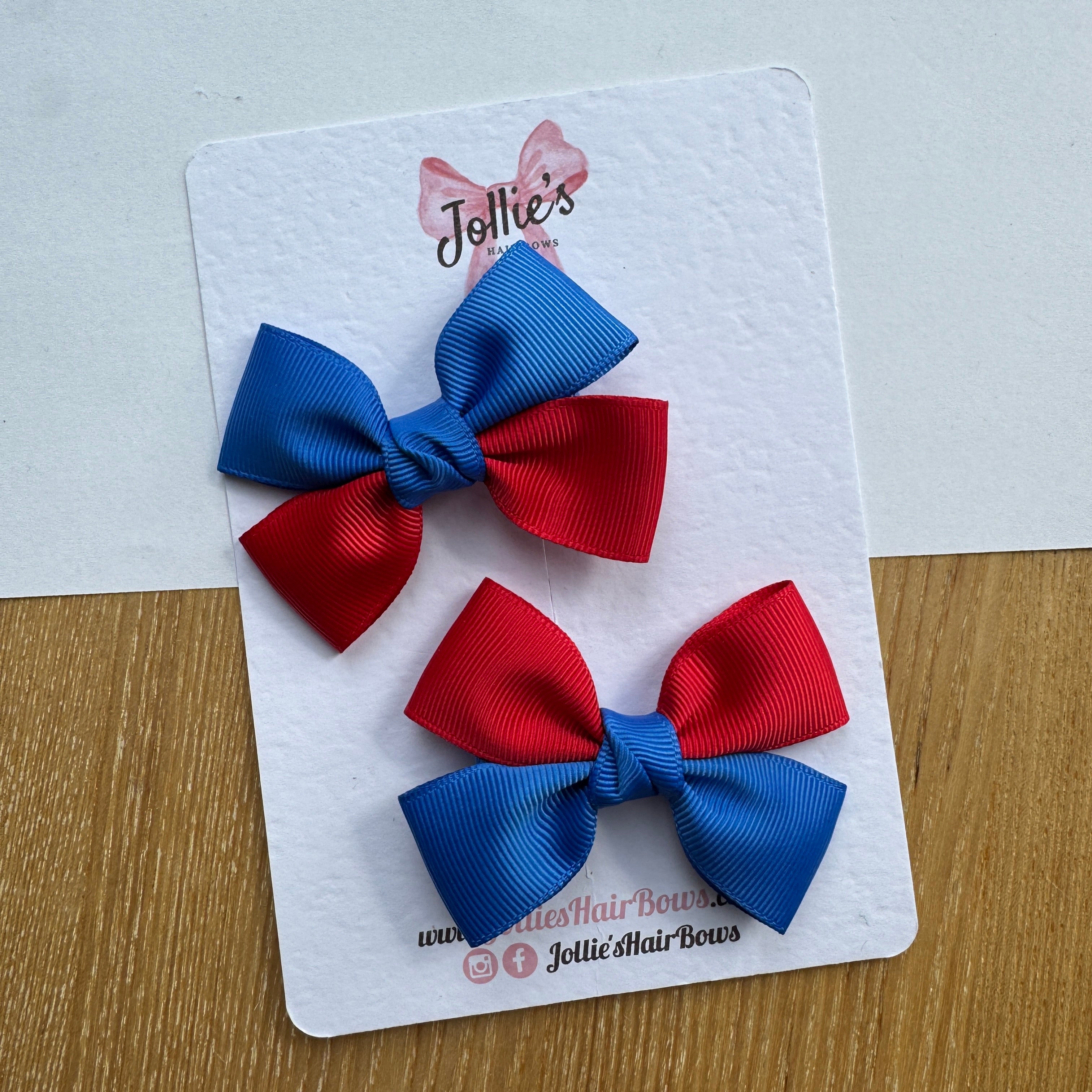 2.5" Red & Royal Blue Classic Hair Bow Pair – Grosgrain Ribbon Clips with Teeth