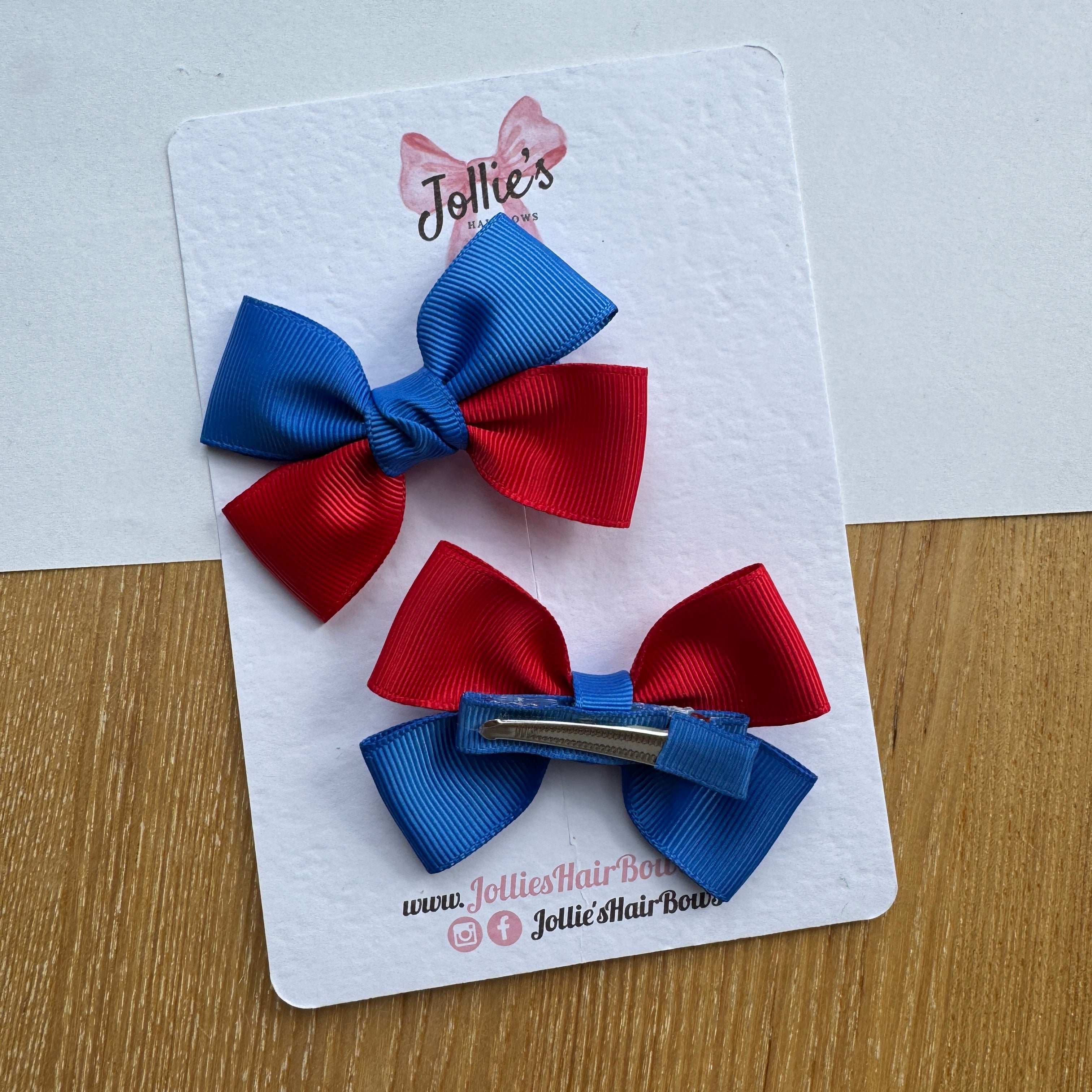 2.5" Red & Royal Blue Classic Hair Bow Pair – Grosgrain Ribbon Clips with Teeth