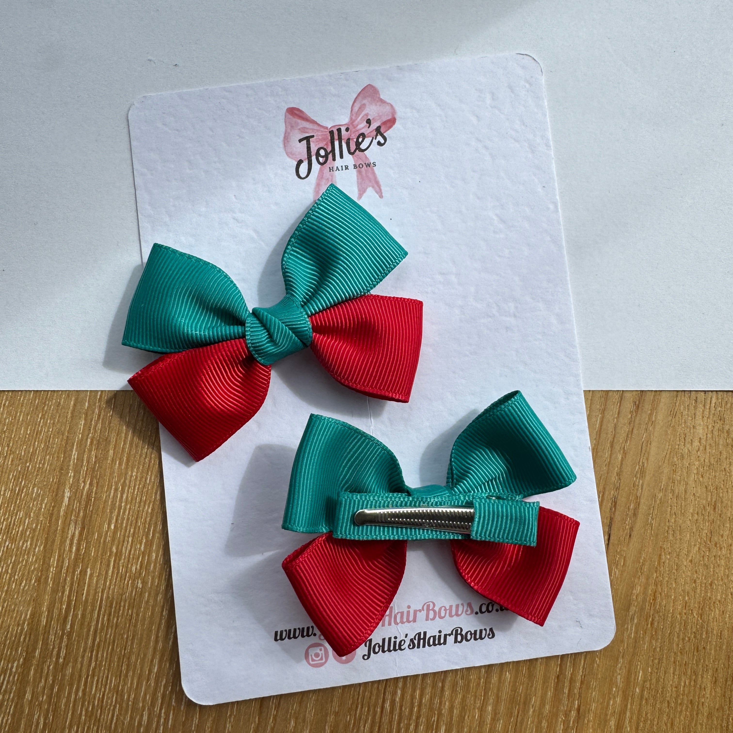 2.5" Red & Jade Green Classic Hair Bow Pair – Grosgrain Ribbon Clips with Teeth