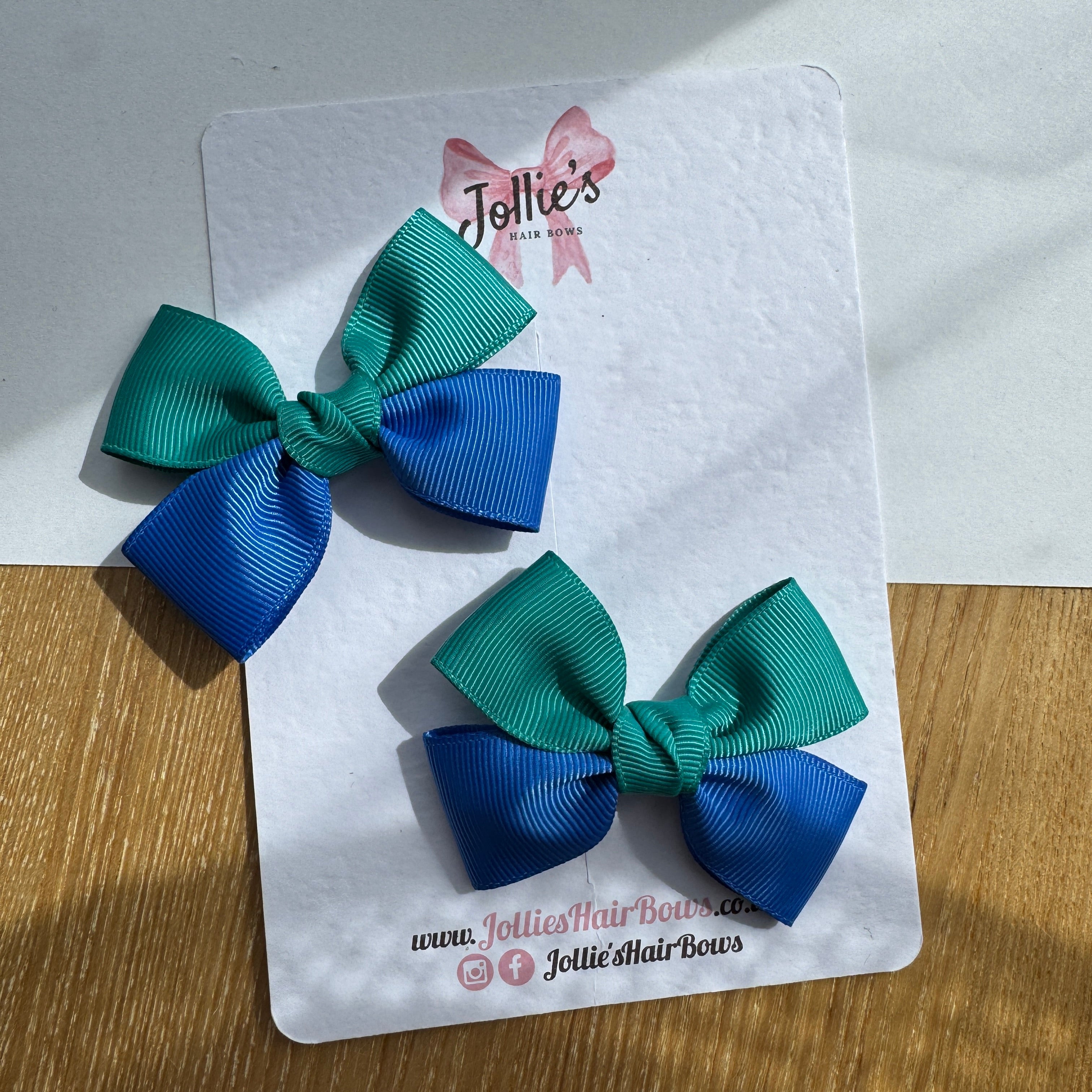2.5" Royal Blue & Jade Green Classic Hair Bow Pair – Grosgrain Ribbon Clips with Teeth