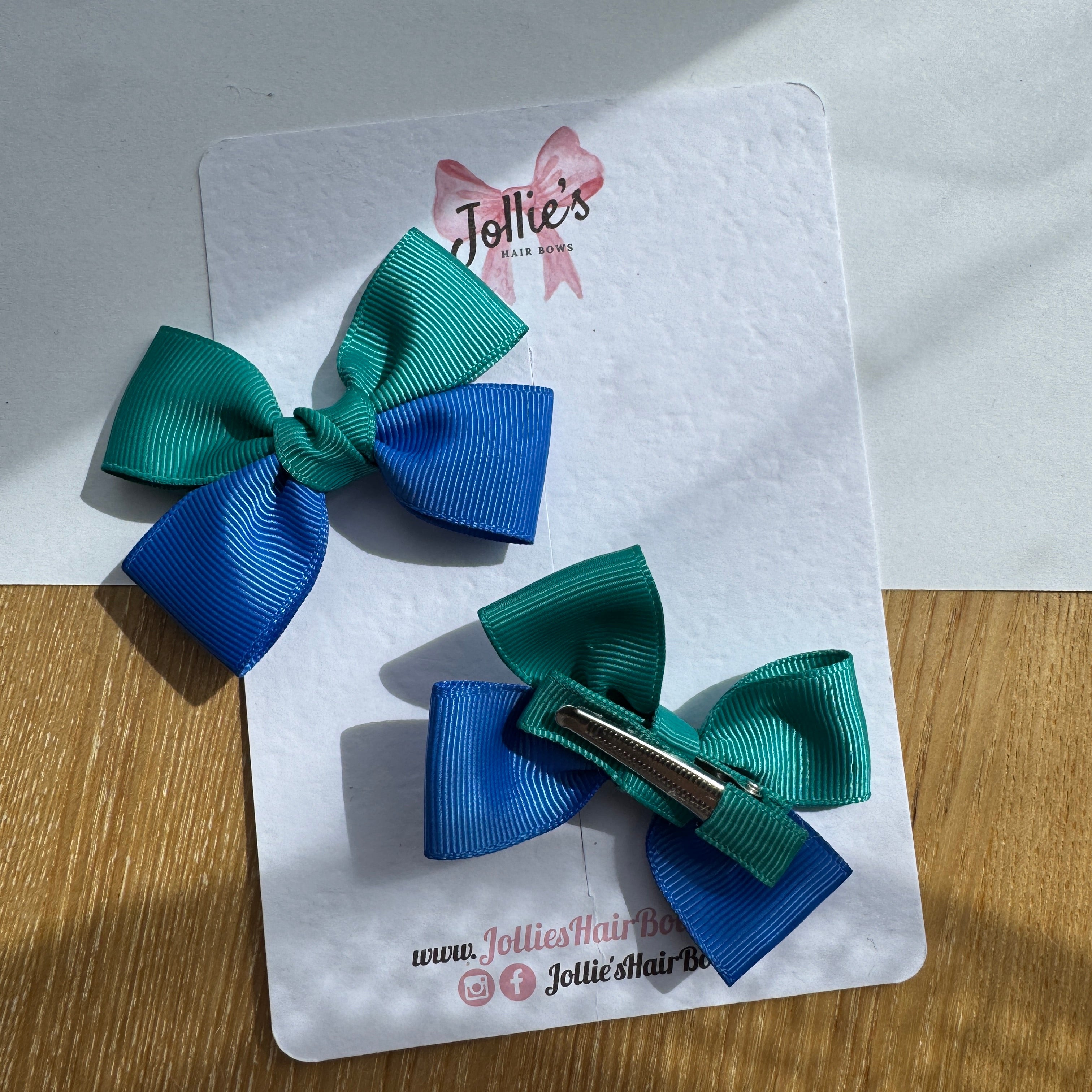 2.5" Royal Blue & Jade Green Classic Hair Bow Pair – Grosgrain Ribbon Clips with Teeth