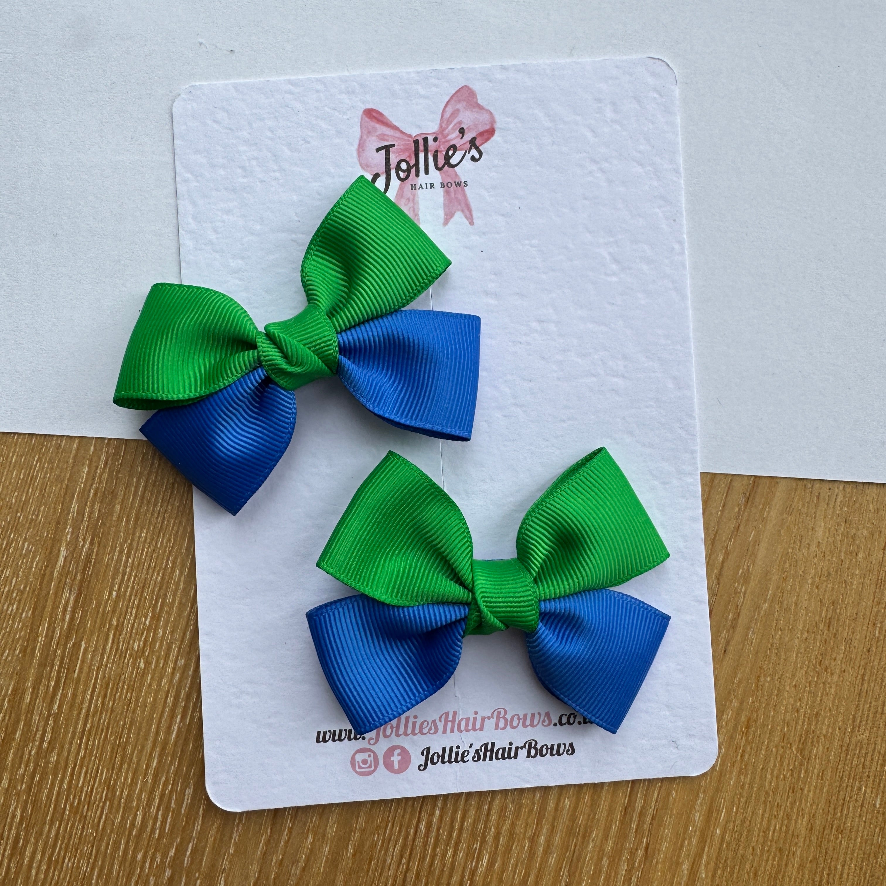 2.5" Royal Blue & Emerald Green Classic Hair Bow Pair – Grosgrain Ribbon Clips with Teeth