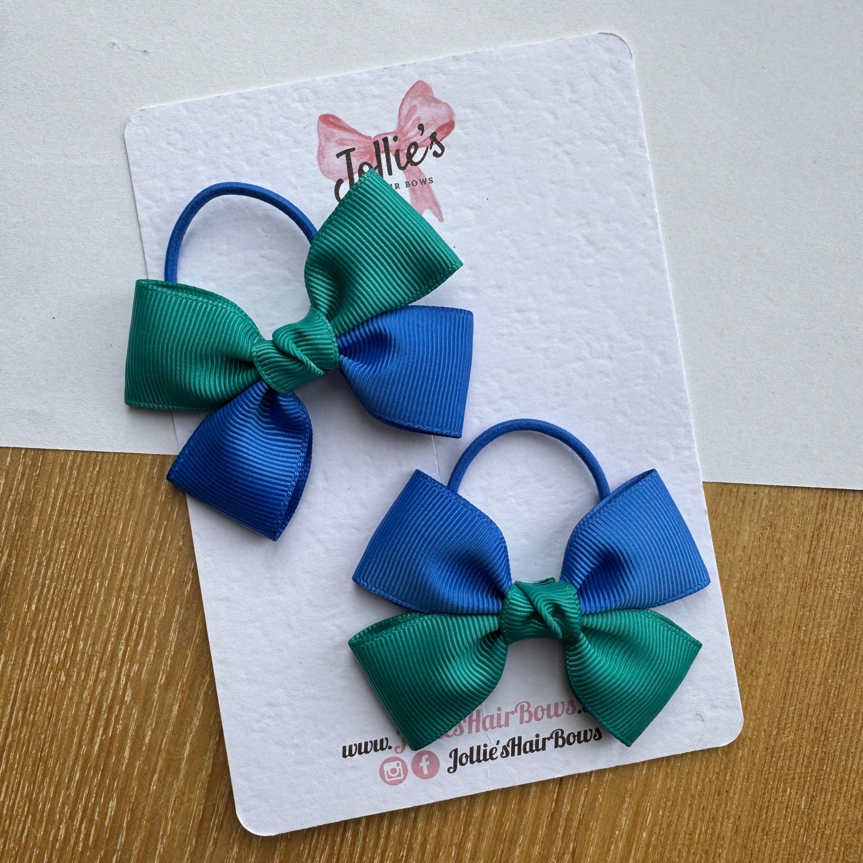 2.5" Royal Blue & Jade Green Classic Hair Bow Pair – Grosgrain Ribbon on Thin Elastic