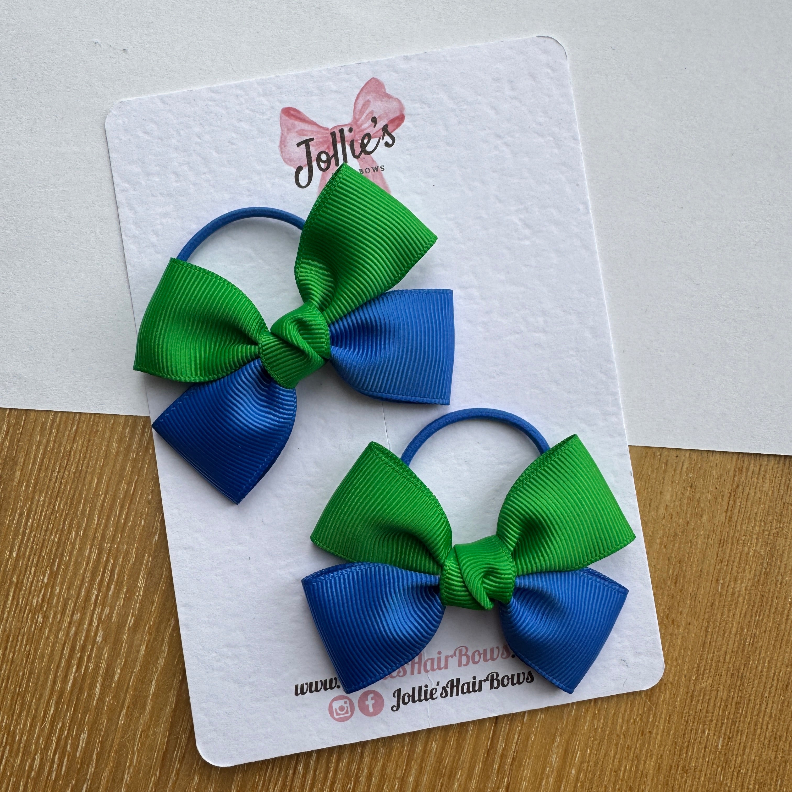 2.5" Royal Blue & Emerald Green Classic Hair Bow Pair – Grosgrain Ribbon on Thin Elastic