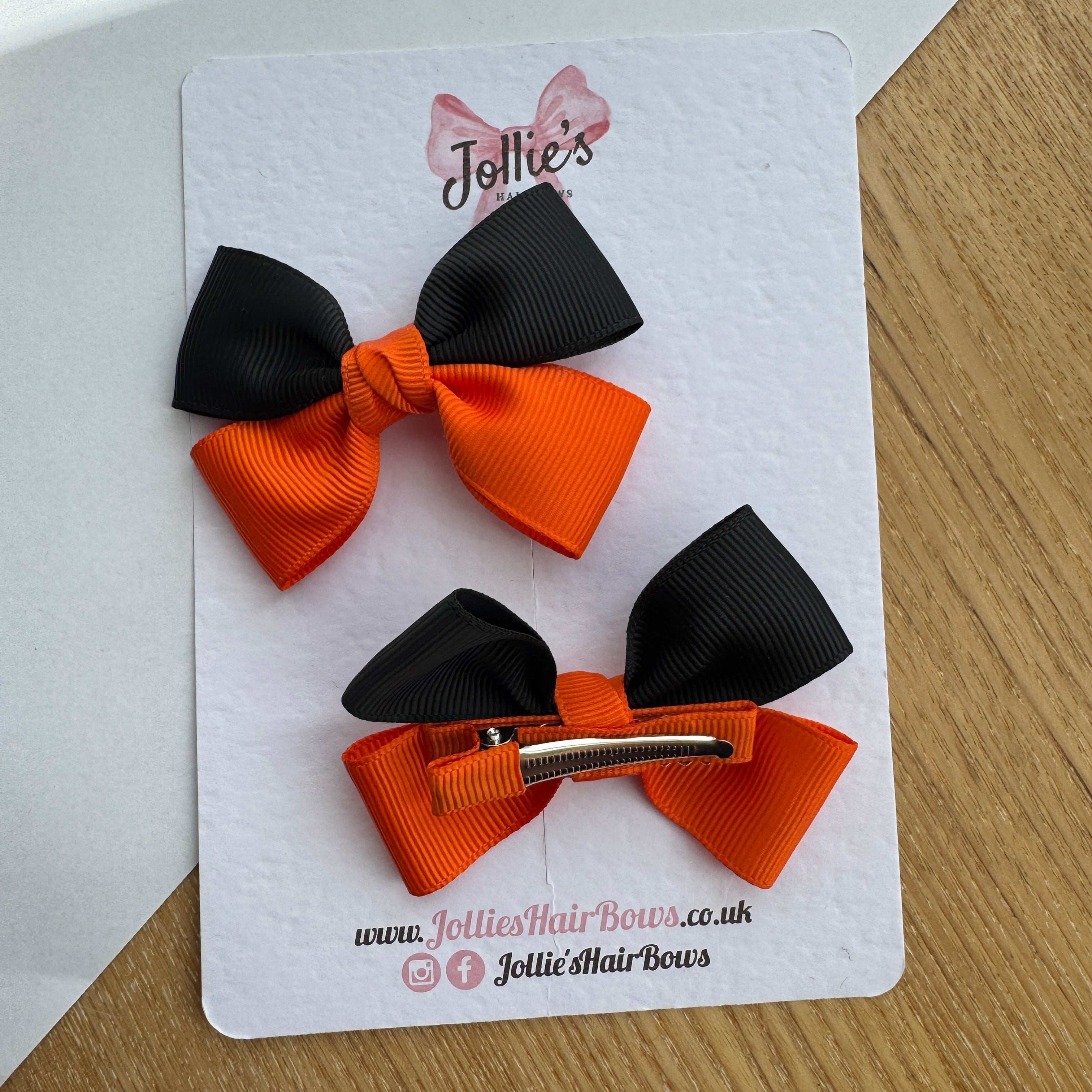 2.5" Orange & Black Classic Hair Bow Pair – Grosgrain Ribbon Clips with Teeth