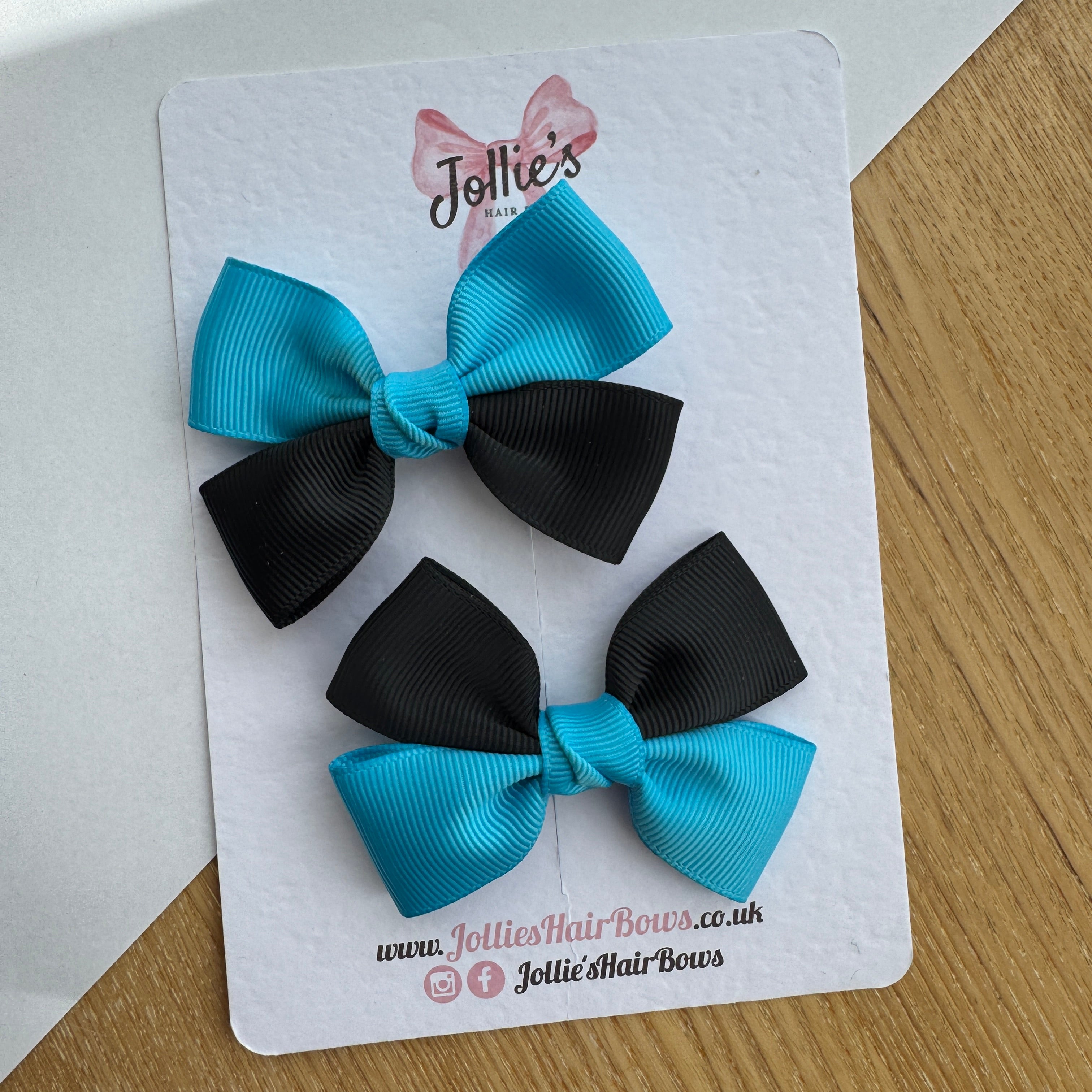 2.5" Turquoise & Black Classic Hair Bow Pair – Grosgrain Ribbon Clips with Teeth