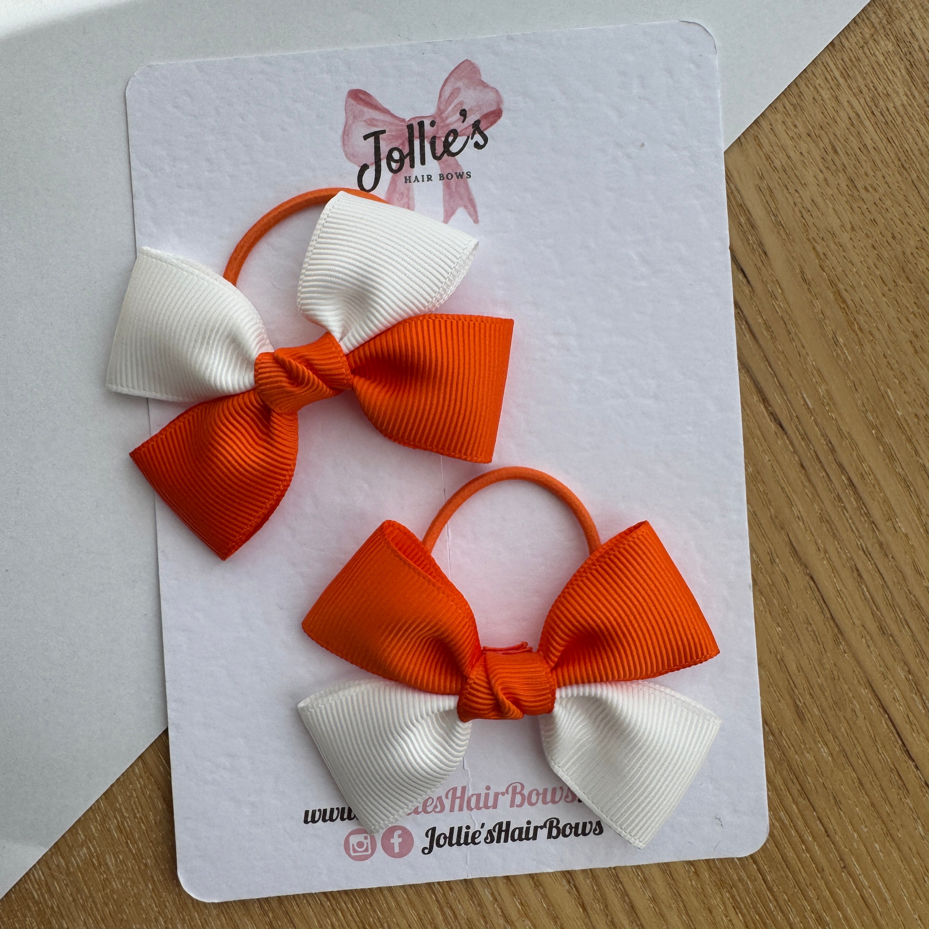 2.5" Orange & White Classic Hair Bow Pair – Grosgrain Ribbon on Thin Elastic