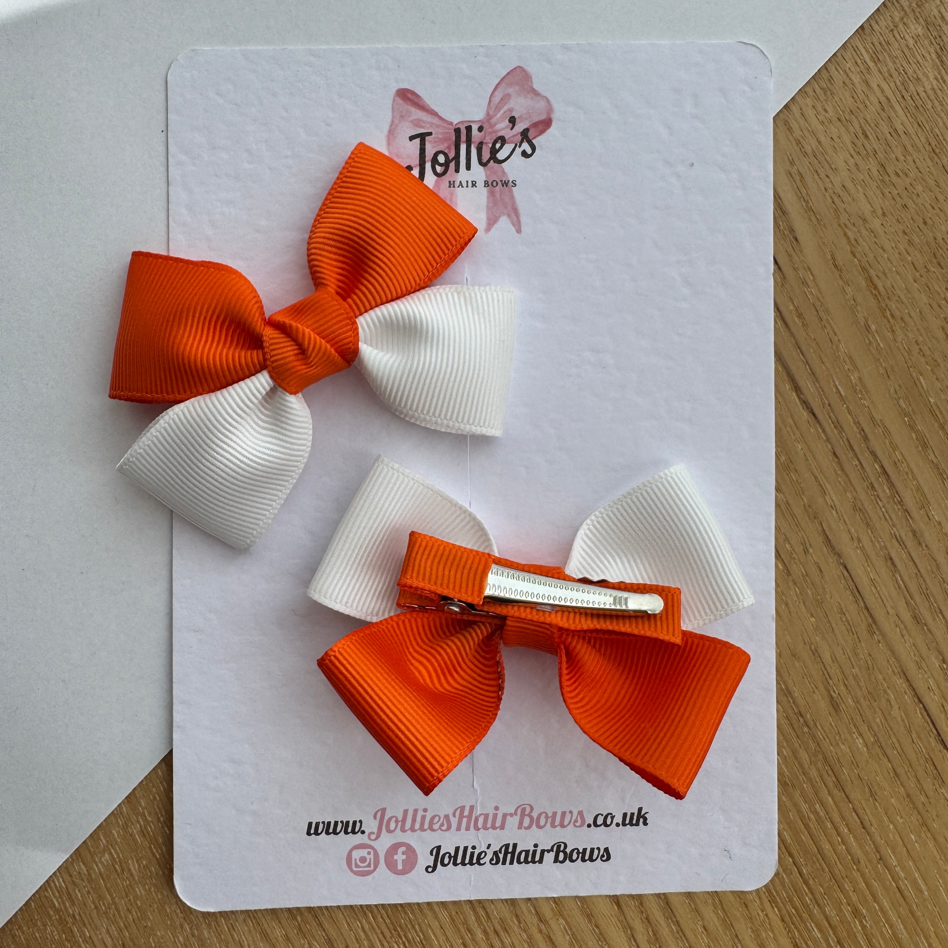 2.5" Orange & White Classic Hair Bow Pair – Grosgrain Ribbon Clips with Teeth