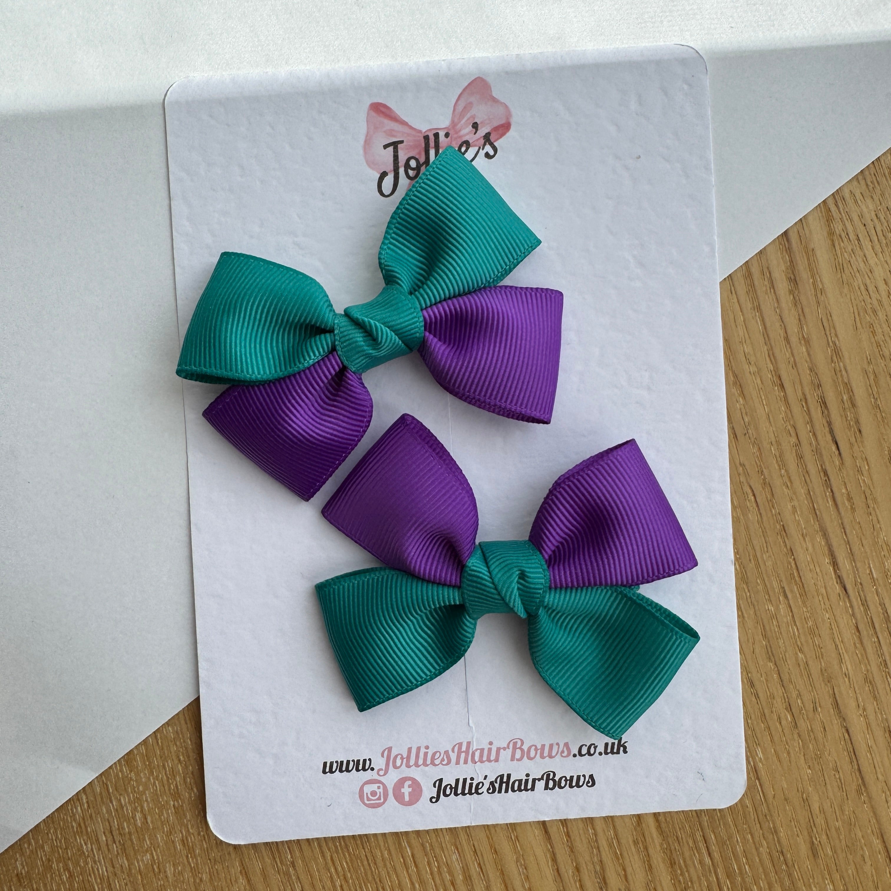 2.5" Jade Green & Purple Classic Hair Bow Pair – Grosgrain Ribbon Clips with Teeth