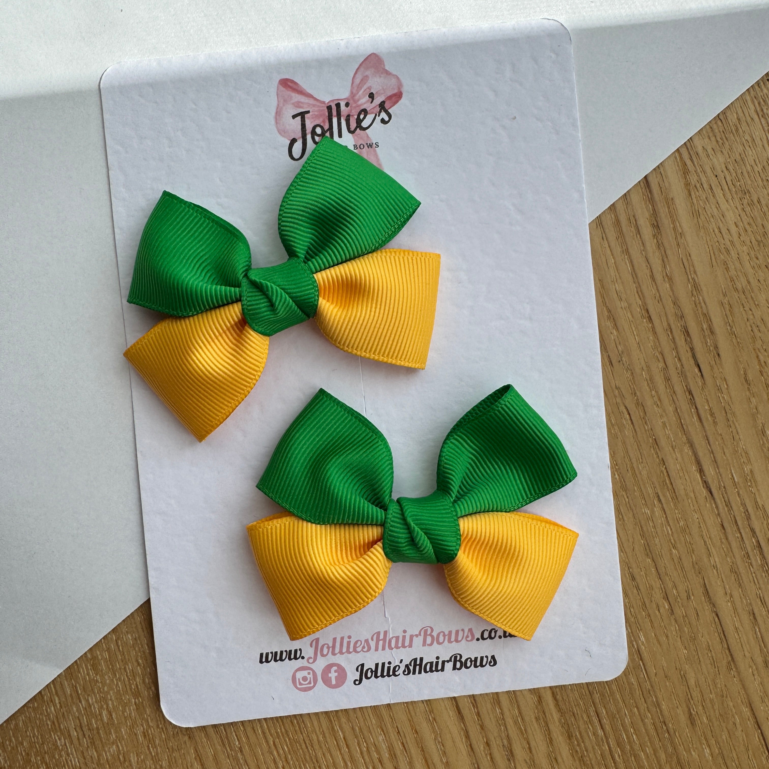 2.5" Emerald Green & Yellow Gold Classic Hair Bow Pair – Grosgrain Ribbon Clips with Teeth