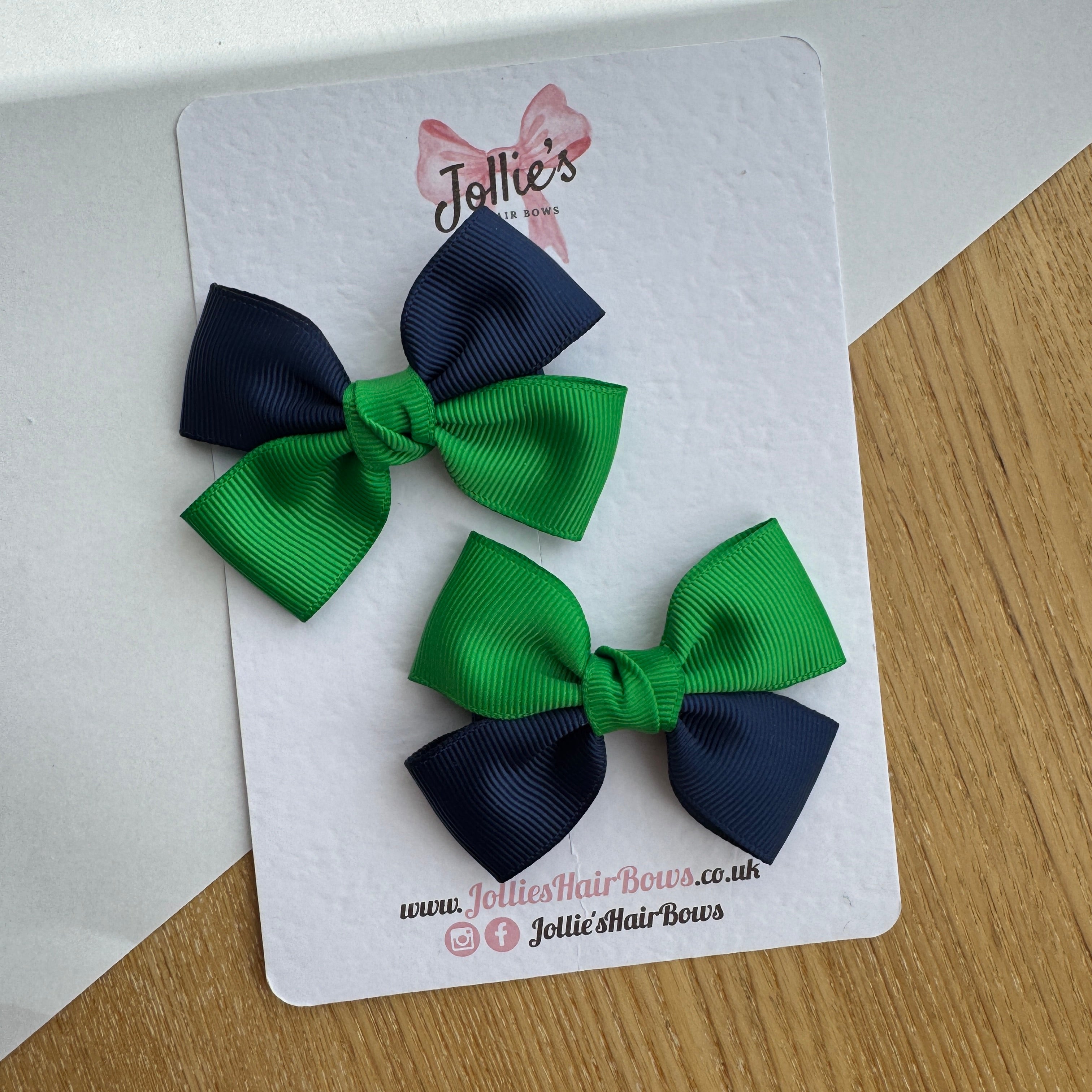 2.5" Emerald Green & Navy Classic Hair Bow Pair – Grosgrain Ribbon Clips with Teeth