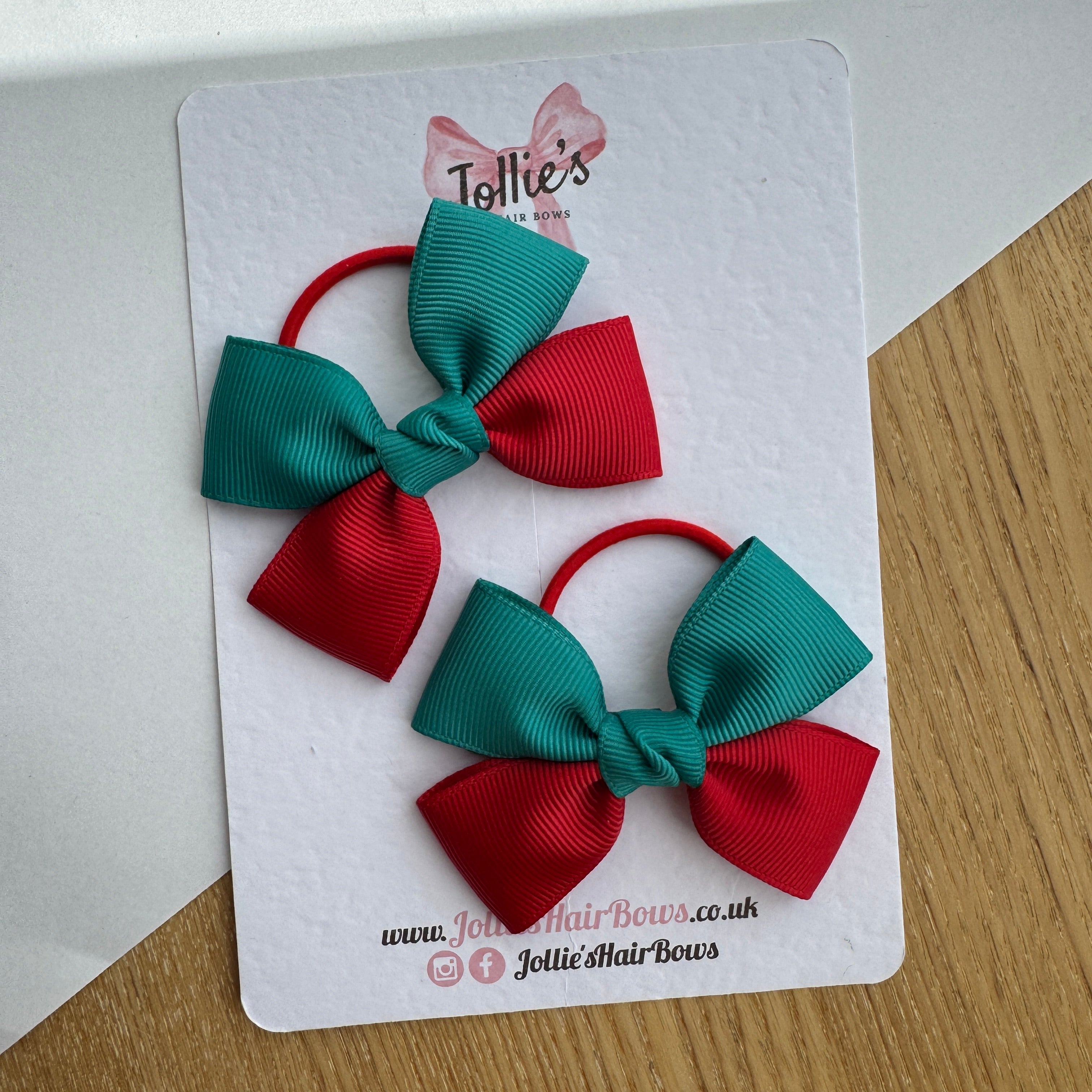 2.5" Red & Jade Green Classic Hair Bow Pair – Grosgrain Ribbon on Thin Elastic