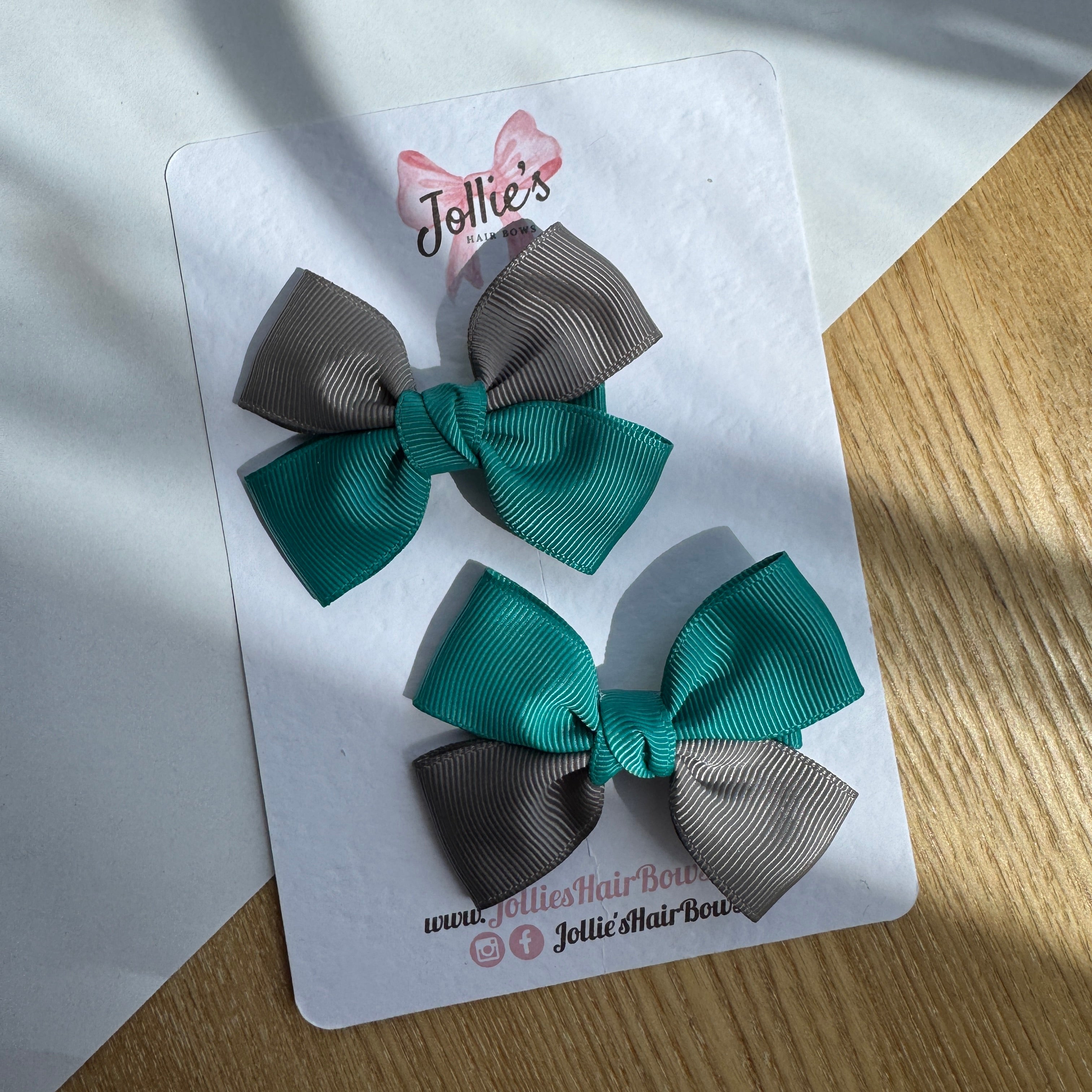 2.5" Jade Green & Metal Grey Classic Hair Bow Pair – Grosgrain Ribbon Clips with Teeth