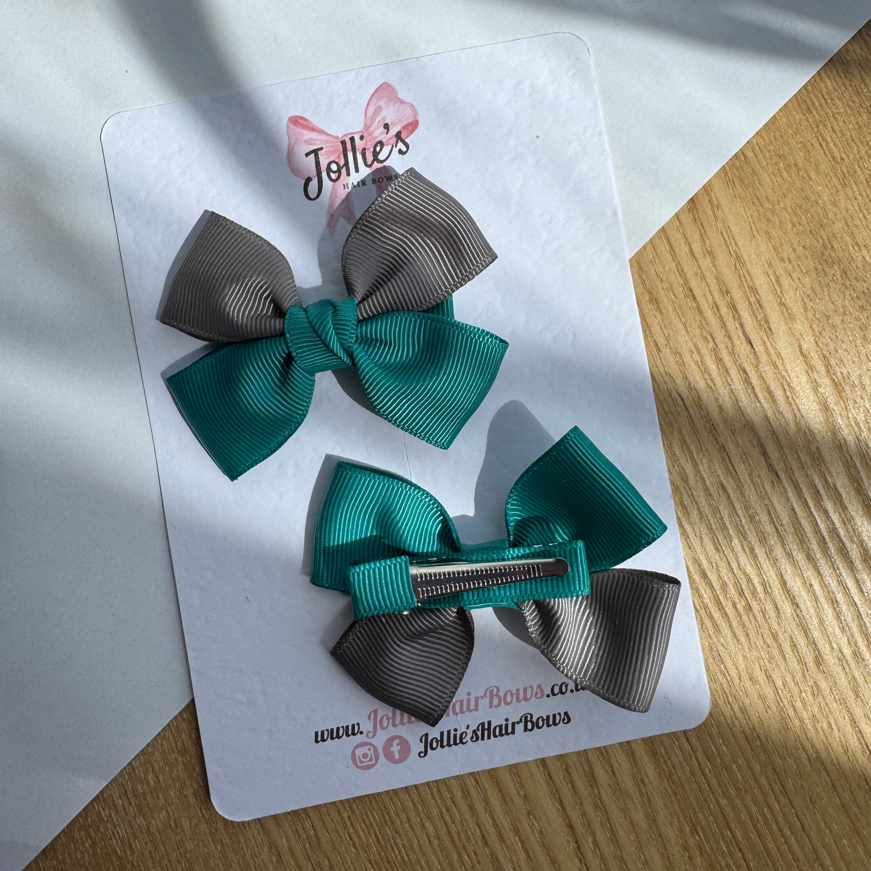2.5" Jade Green & Metal Grey Classic Hair Bow Pair – Grosgrain Ribbon Clips with Teeth