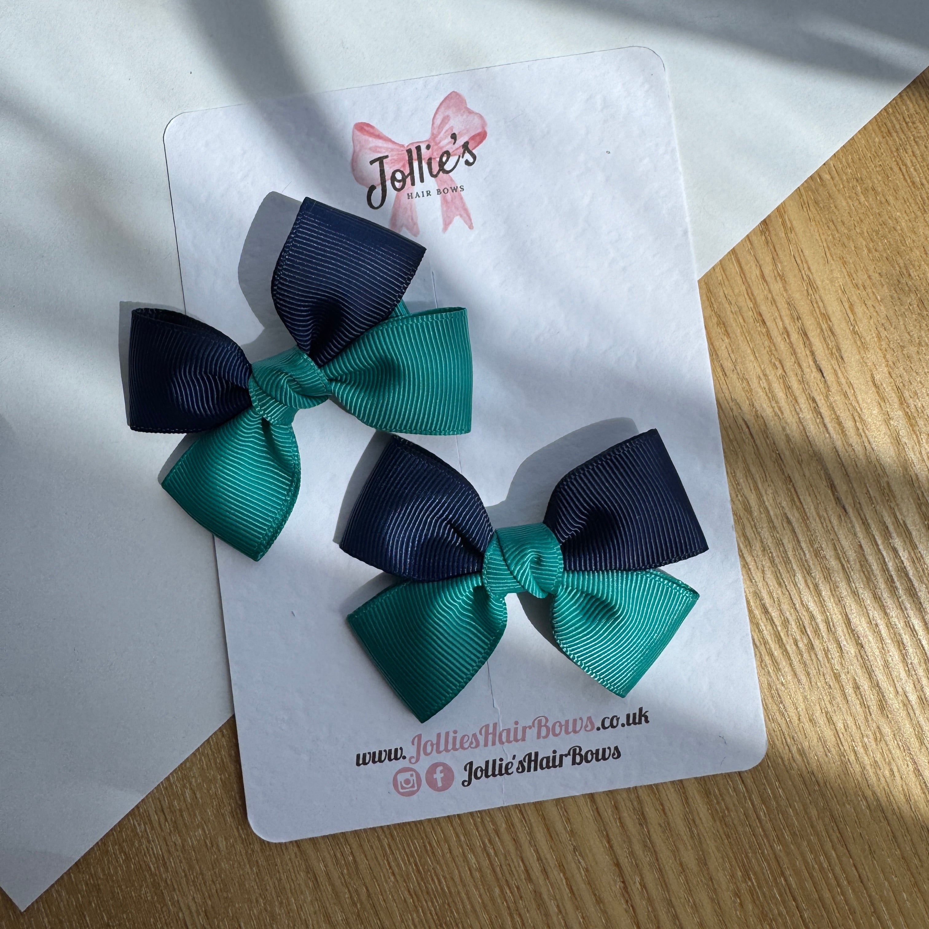 2.5" Navy & Jade Green Classic Hair Bow Pair – Grosgrain Ribbon Clips with Teeth