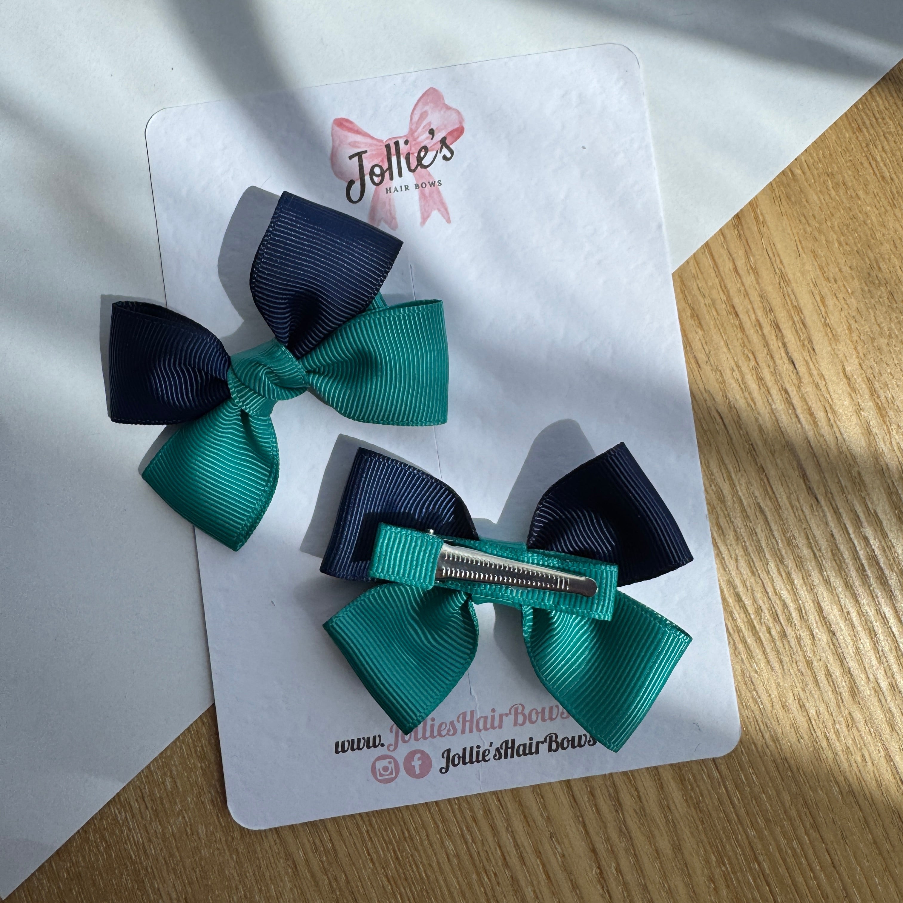 2.5" Navy & Jade Green Classic Hair Bow Pair – Grosgrain Ribbon Clips with Teeth