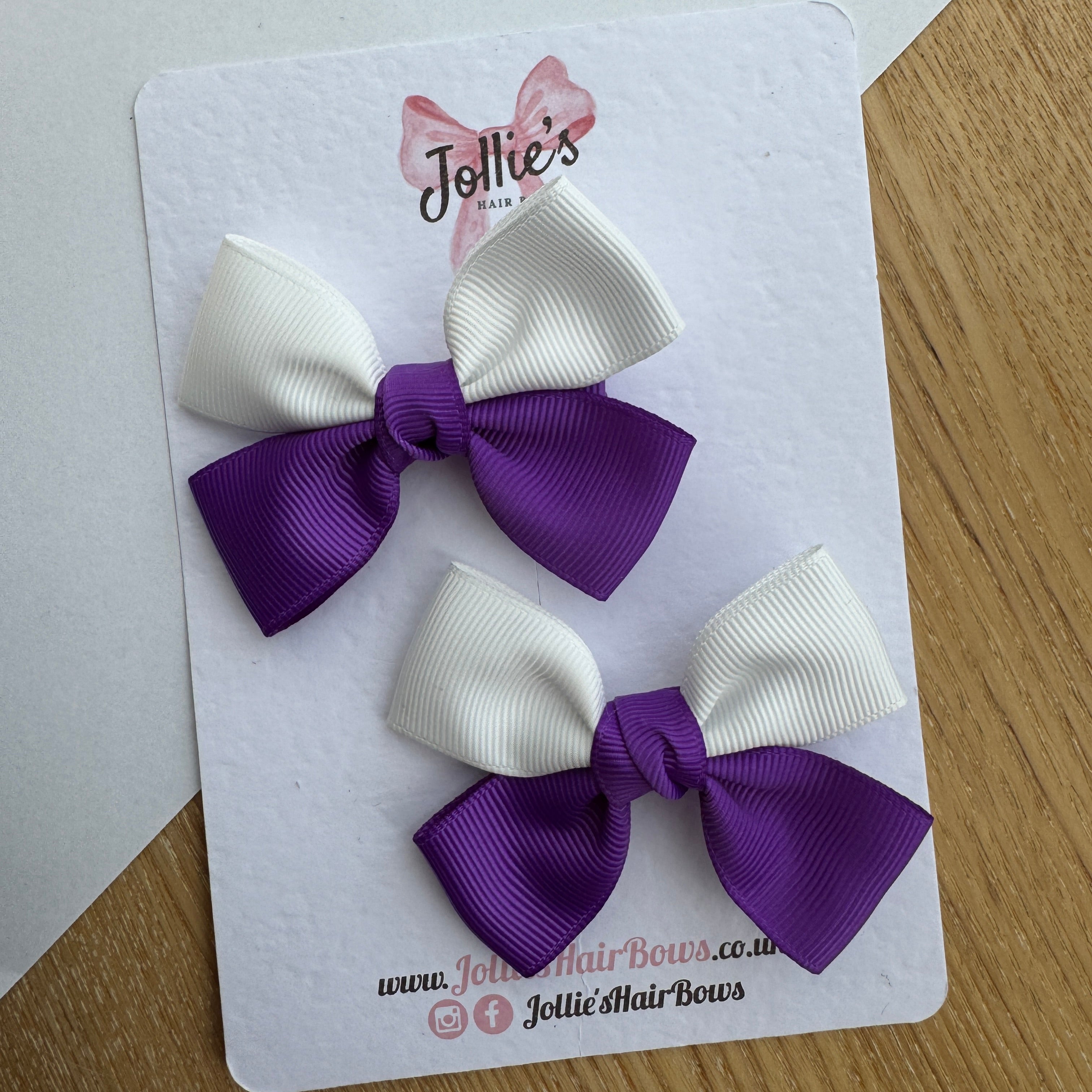 2.5" Purple & White Classic Hair Bow Pair – Grosgrain Ribbon Clips with Teeth