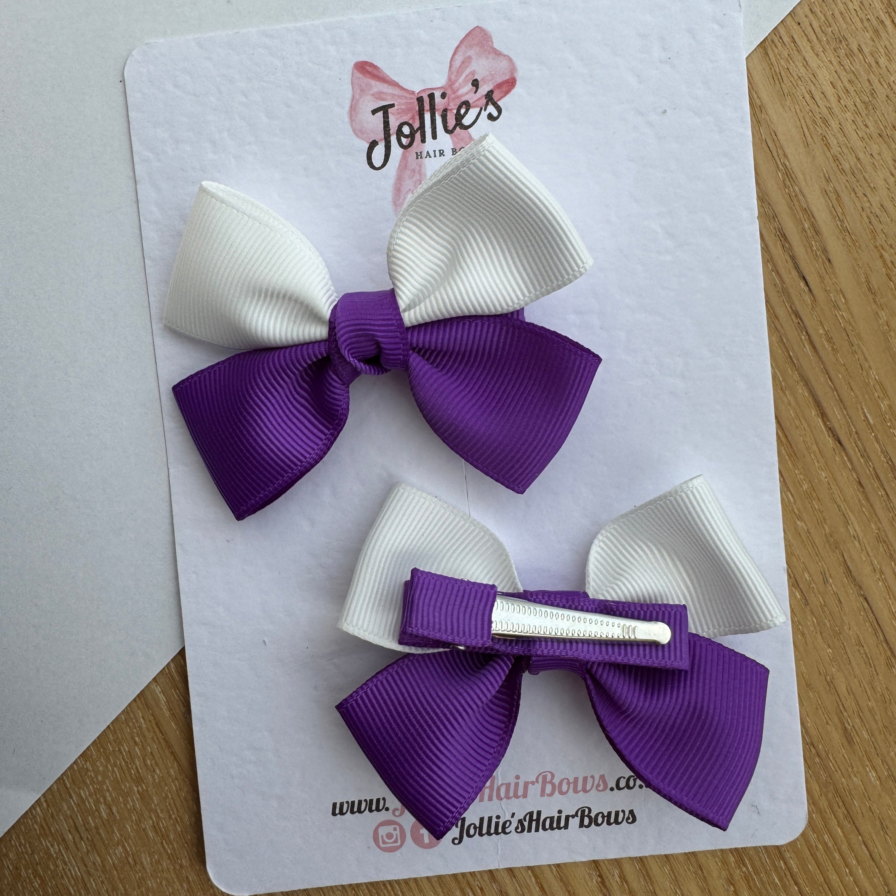 2.5" Purple & White Classic Hair Bow Pair – Grosgrain Ribbon Clips with Teeth