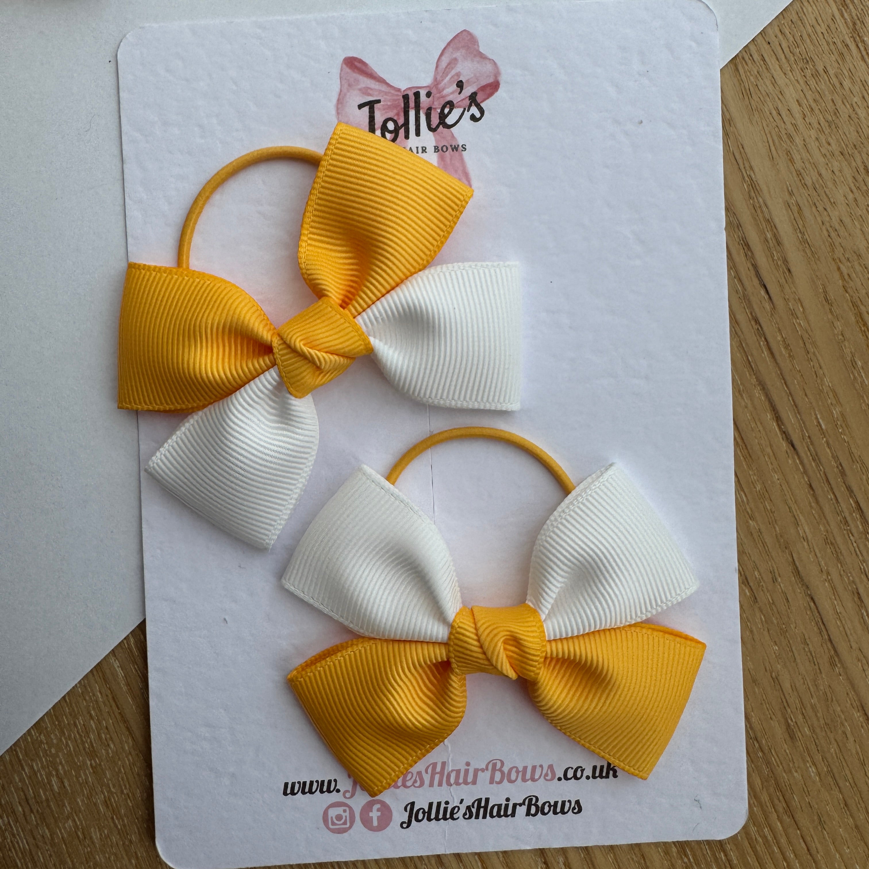 2.5" Yellow Gold & White Classic Hair Bow Pair – Grosgrain Ribbon on Thin Elastic