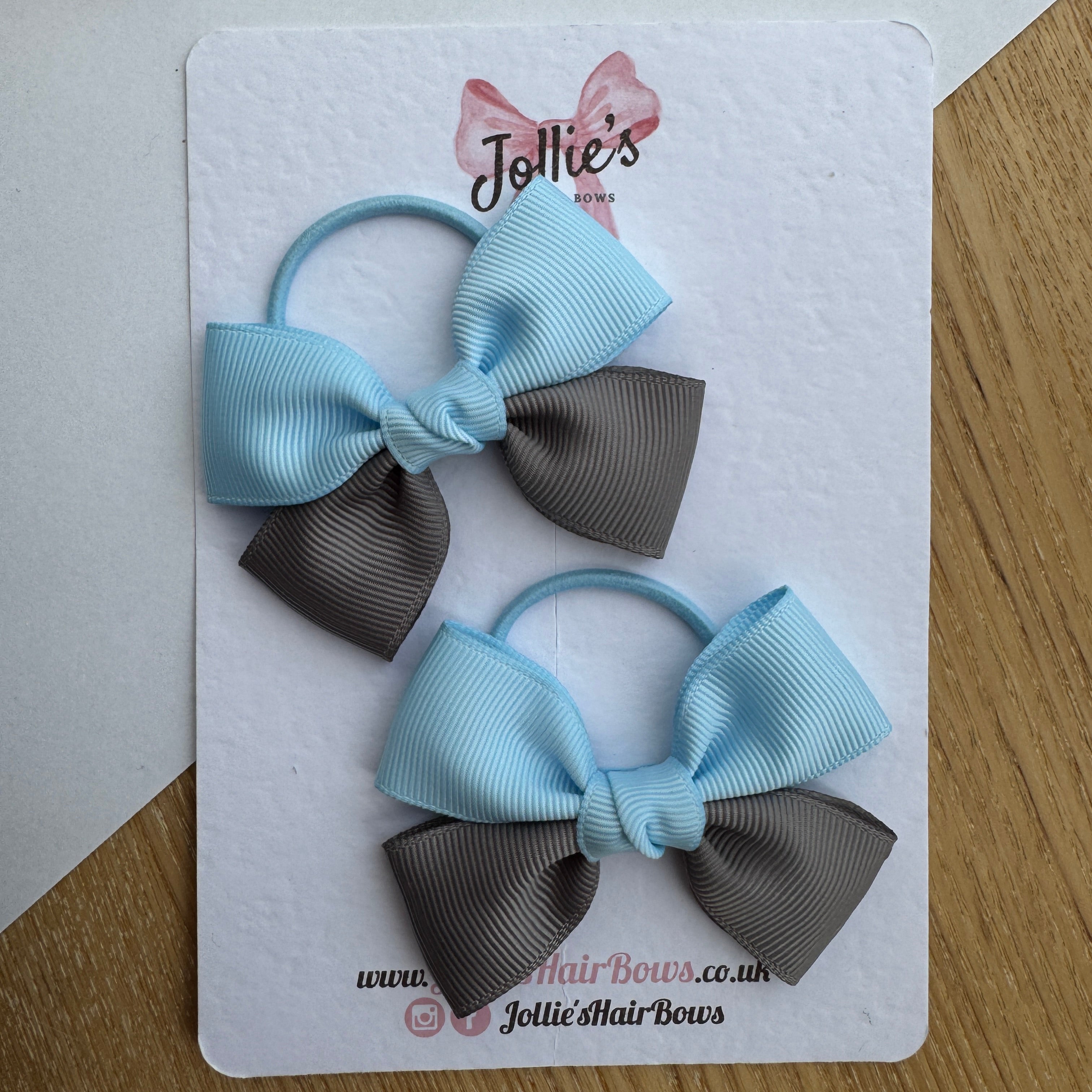 2.5" Blue Topaz & Metal Grey Classic Hair Bow Pair – Grosgrain Ribbon on Thin Elastic