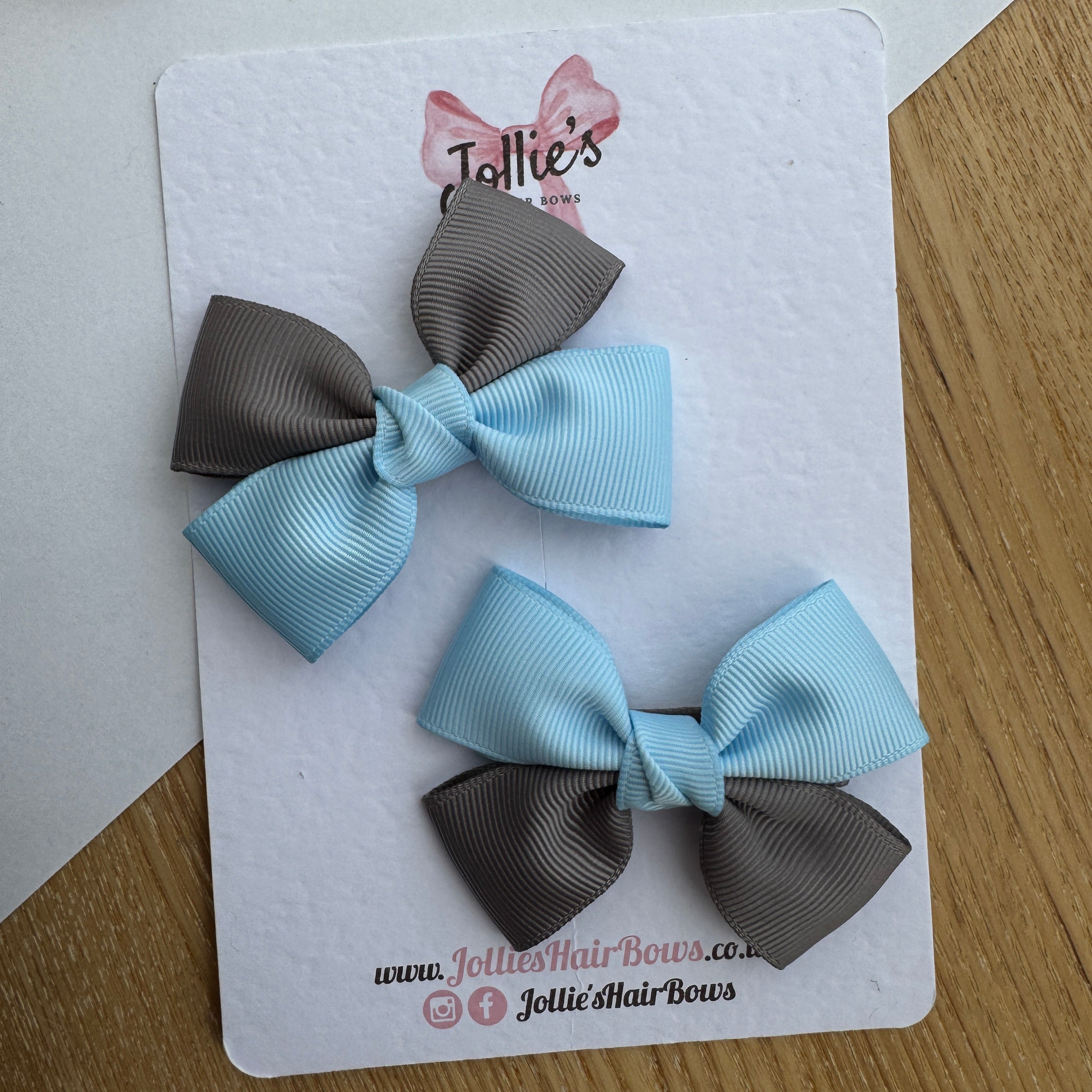 2.5" Blue Topaz & Metal Grey Classic Hair Bow Pair – Grosgrain Ribbon Clips with Teeth