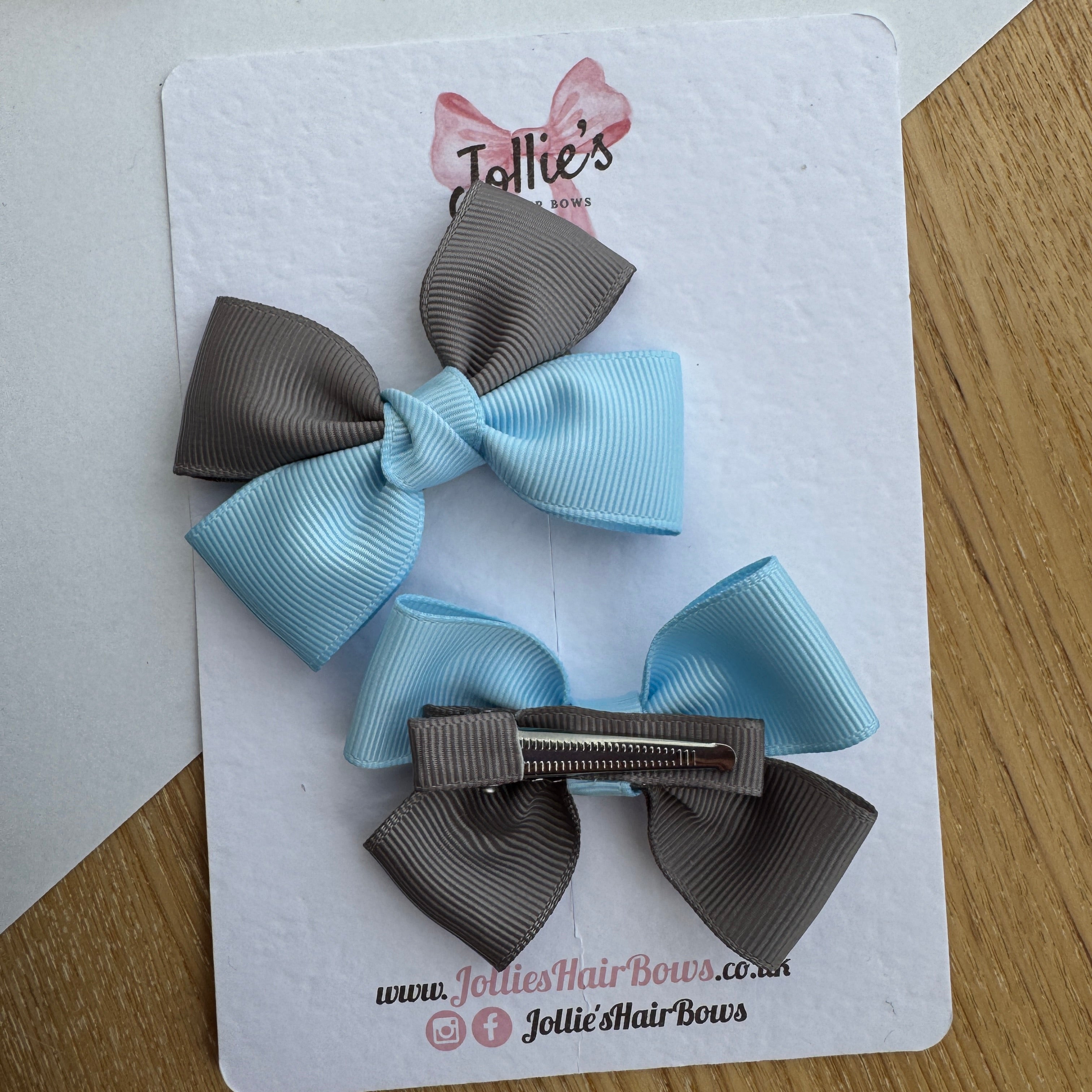 2.5" Blue Topaz & Metal Grey Classic Hair Bow Pair – Grosgrain Ribbon Clips with Teeth