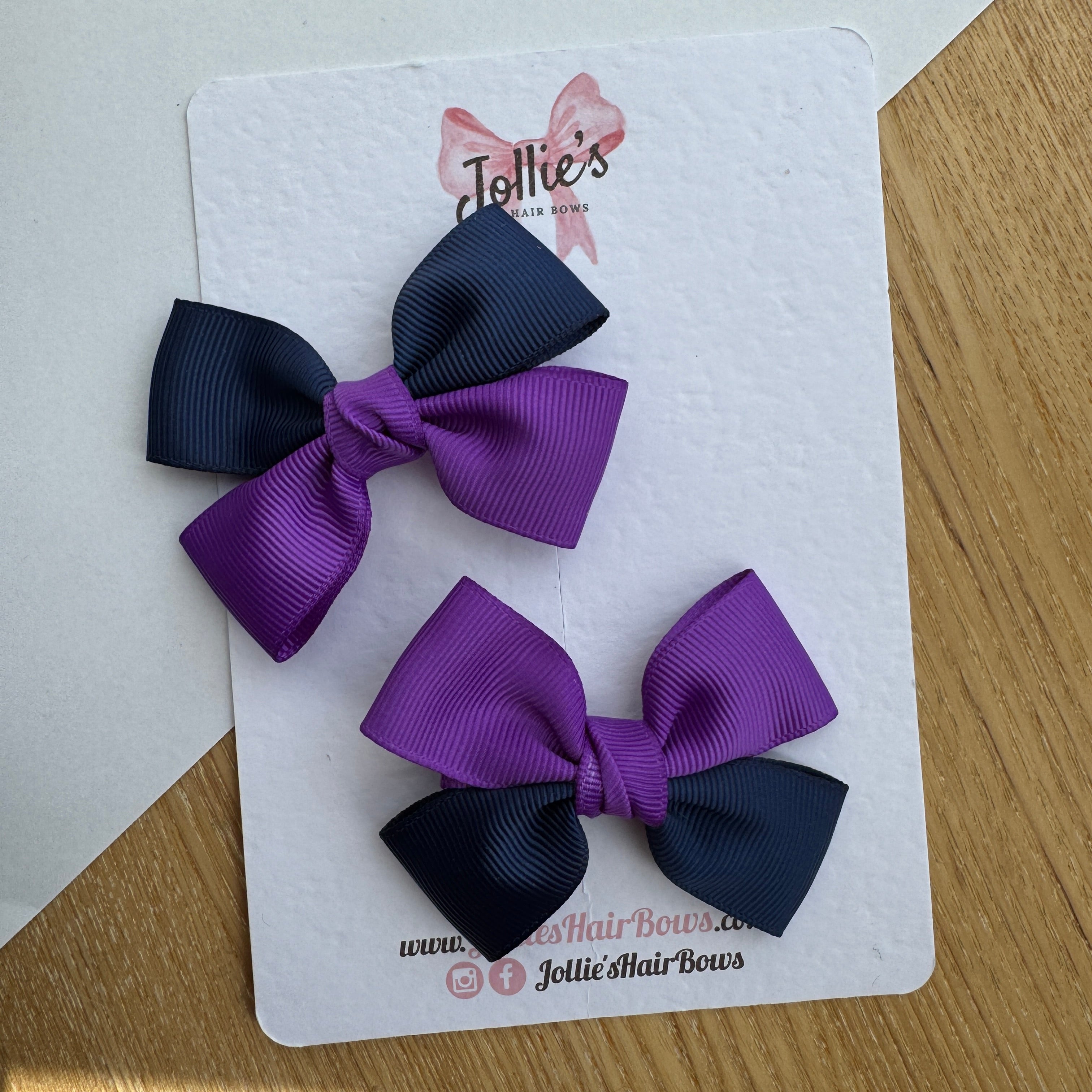 2.5" Navy & Purple Classic Hair Bow Pair – Grosgrain Ribbon Clips with Teeth