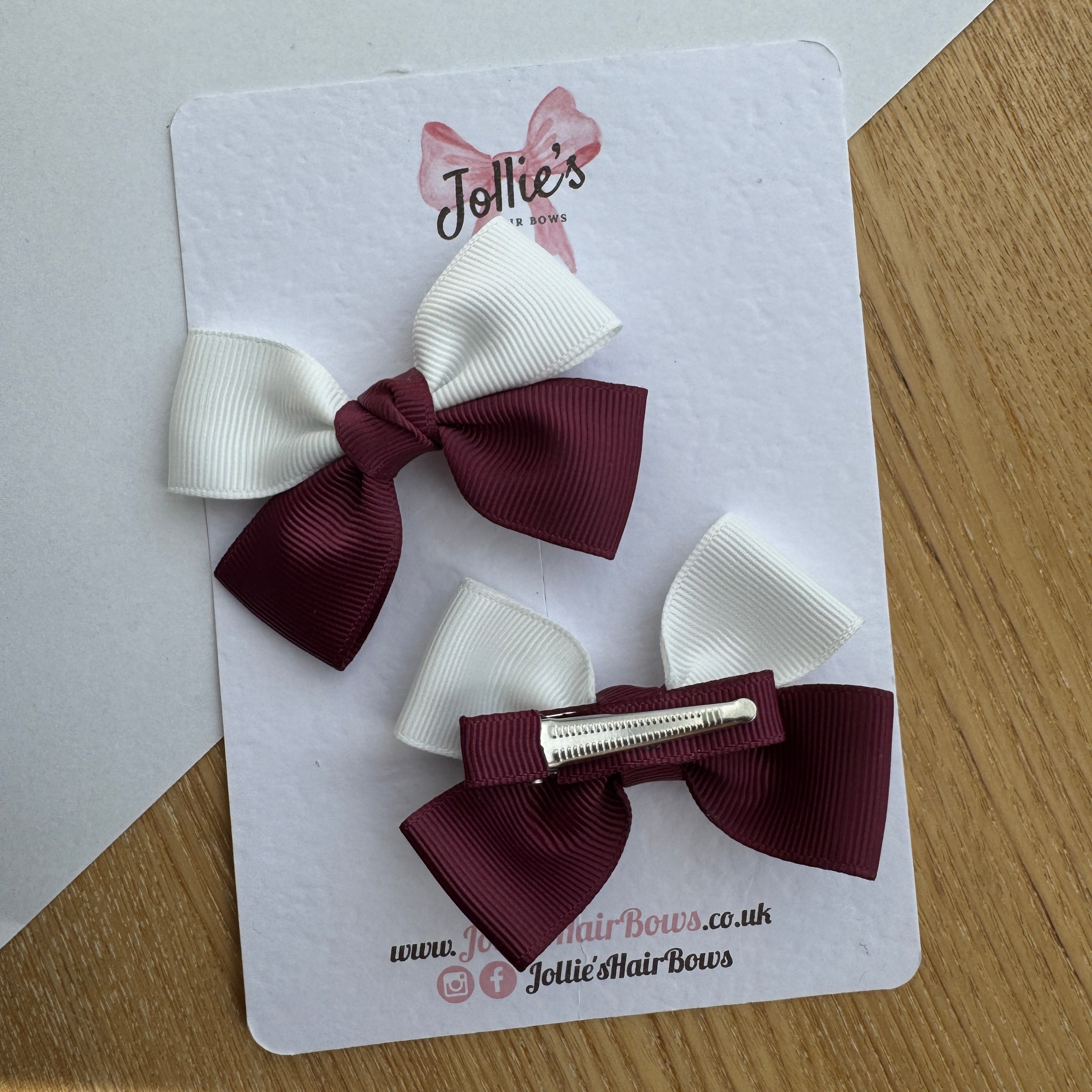 2.5" Burgundy & White Classic Hair Bow Pair – Grosgrain Ribbon Clips with Teeth