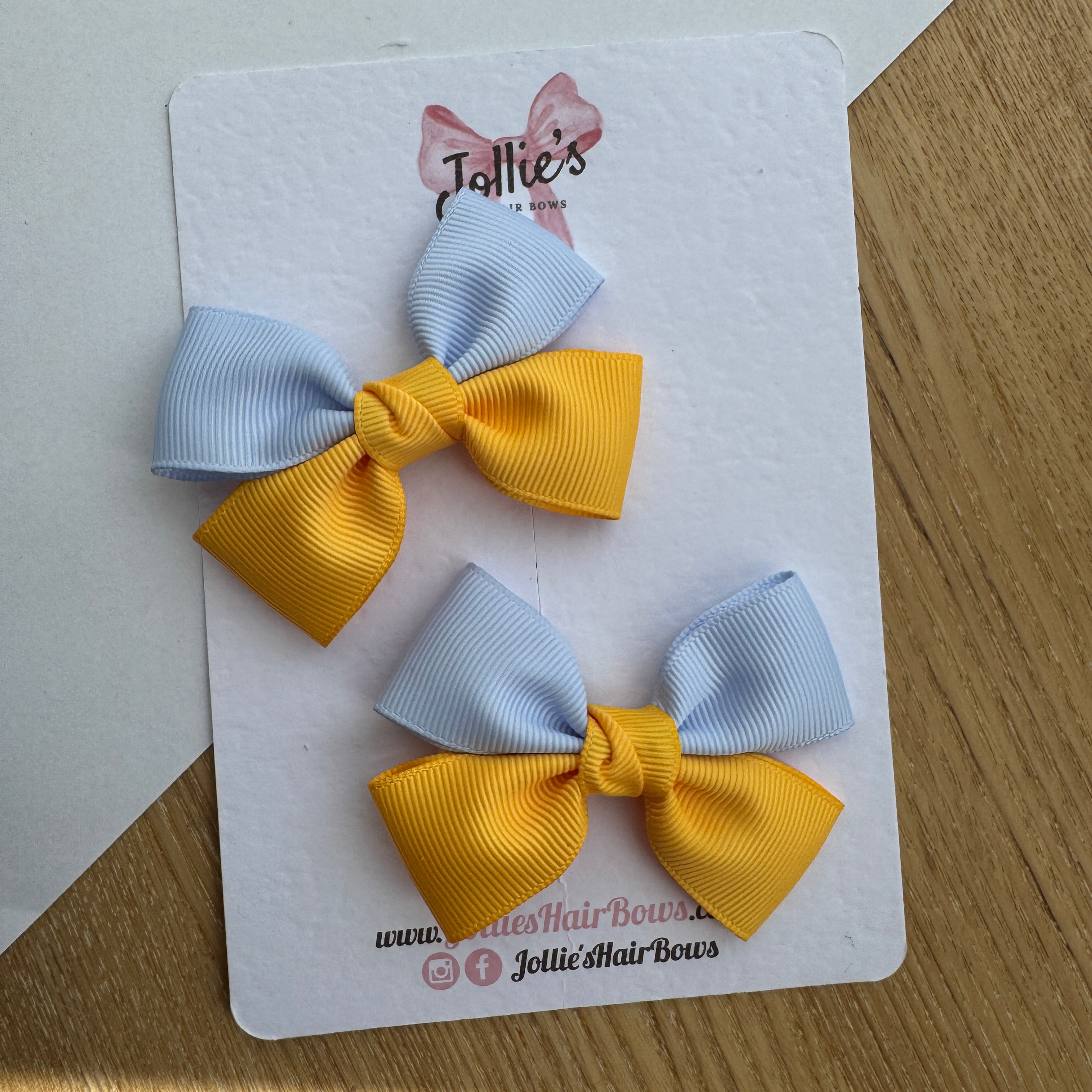 2.5" Bluebell & Yellow Gold Classic Hair Bow Pair – Grosgrain Ribbon Clips with Teeth