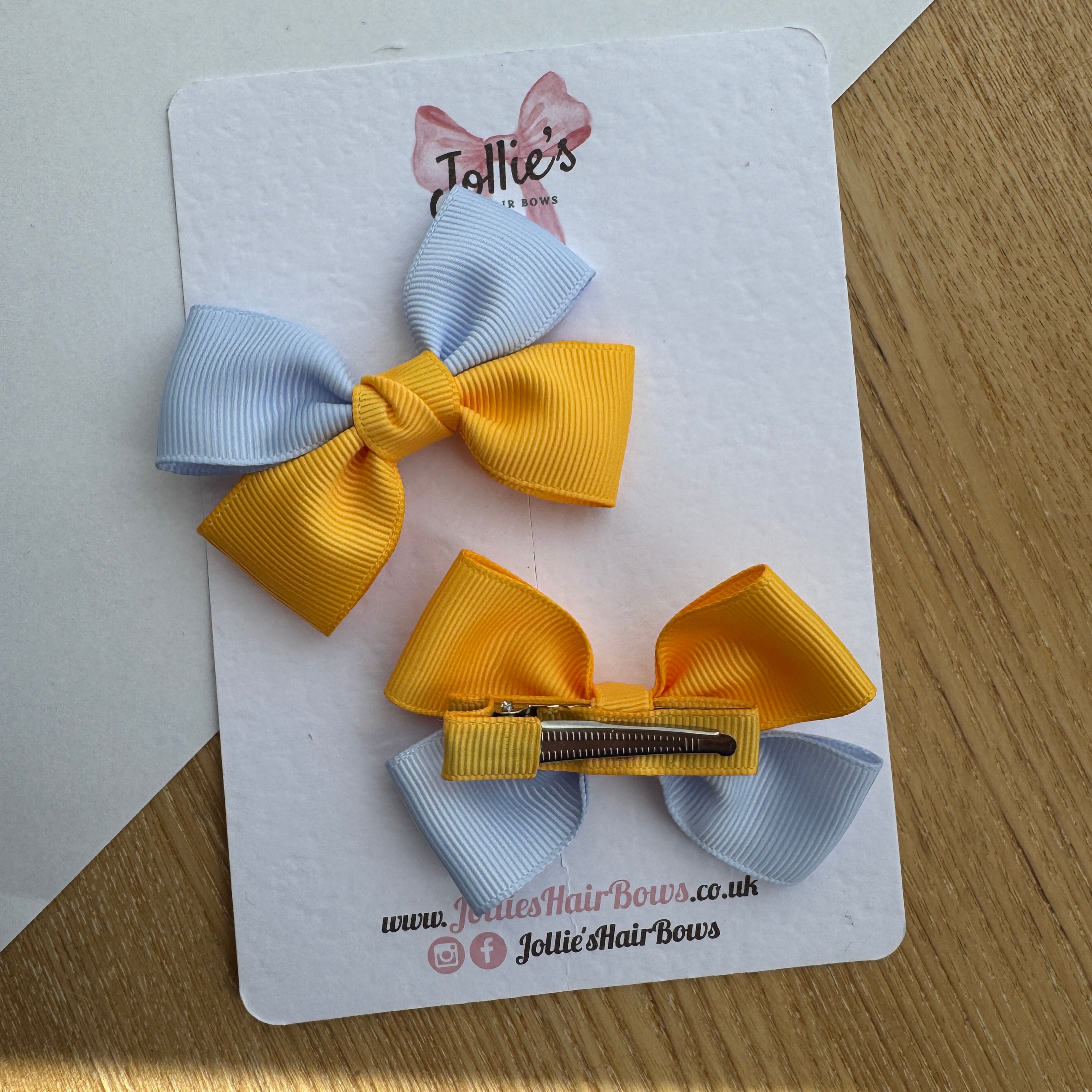 2.5" Bluebell & Yellow Gold Classic Hair Bow Pair – Grosgrain Ribbon Clips with Teeth
