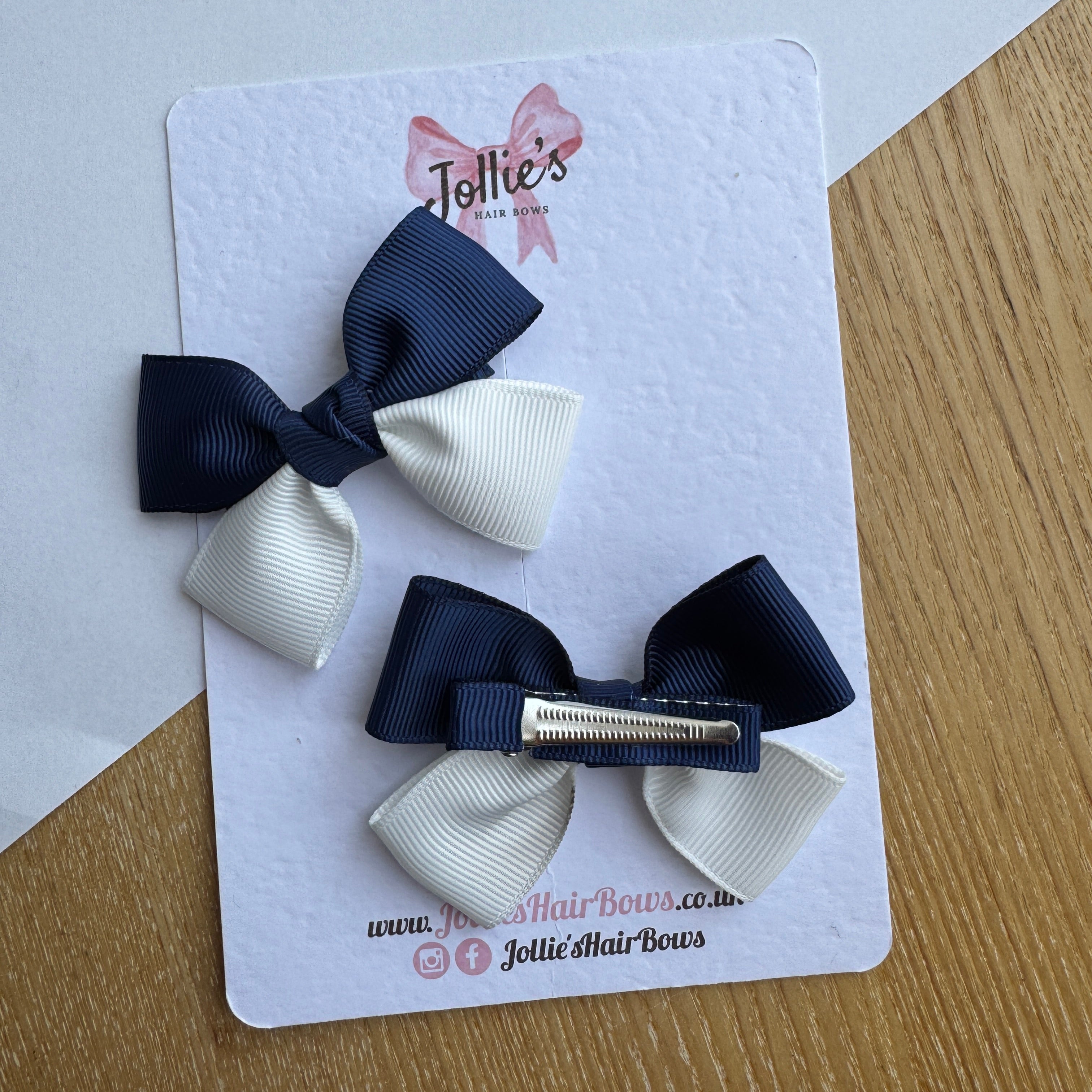 2.5" Navy & White Classic Hair Bow Pair – Grosgrain Ribbon Clips with Teeth