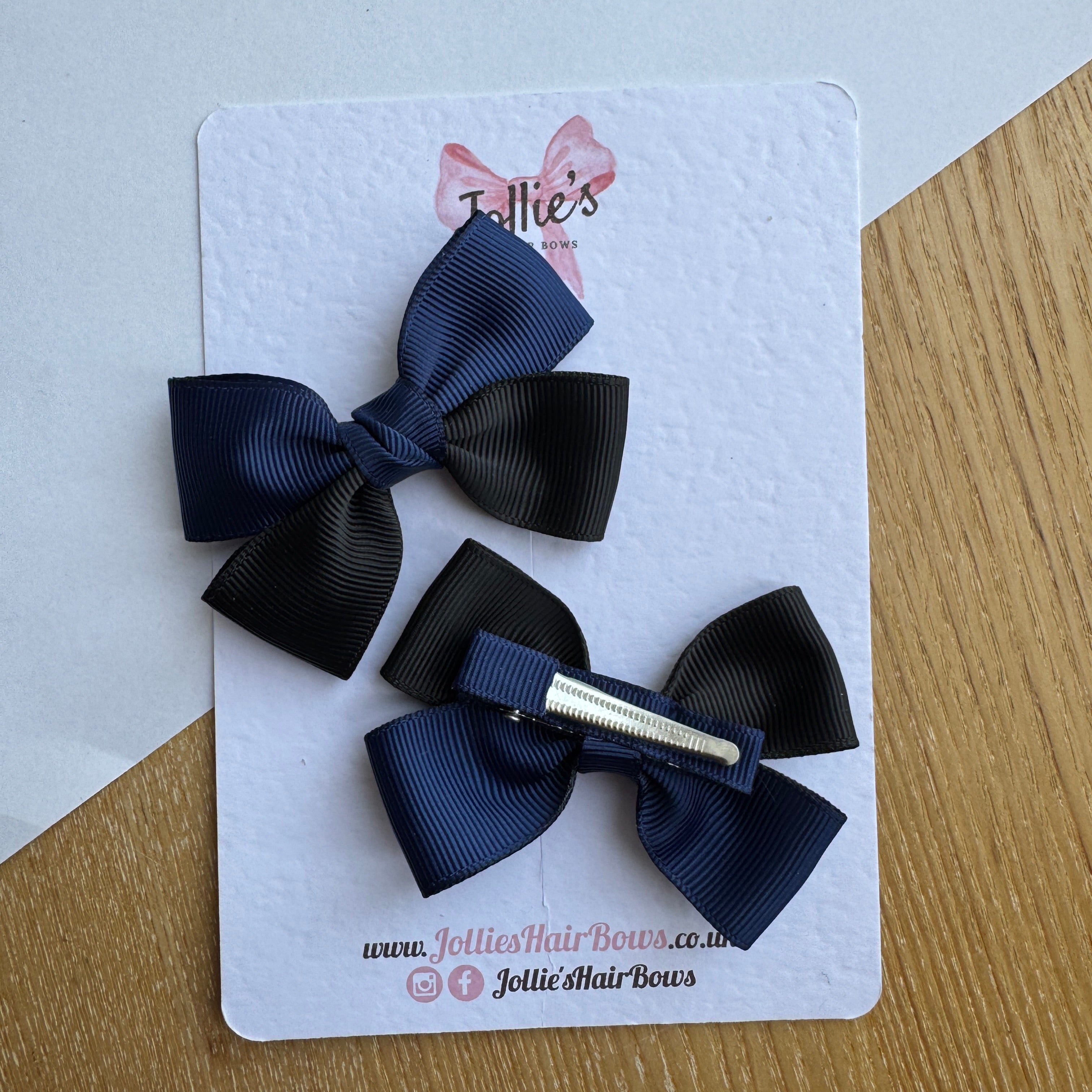 2.5" Navy & Black Classic Hair Bow Pair – Grosgrain Ribbon Clips with Teeth