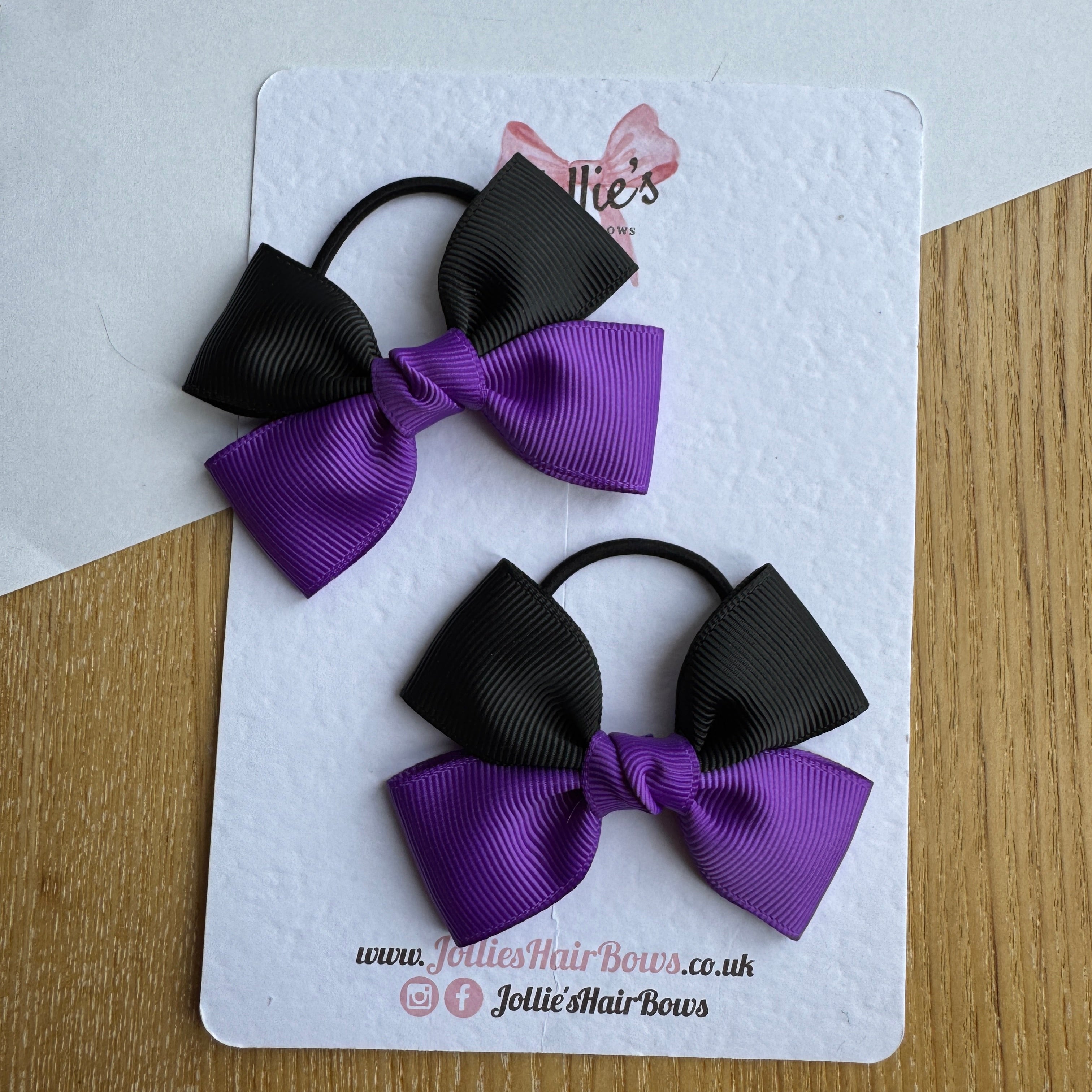 2.5" Purple & Black Classic Hair Bow Pair – Grosgrain Ribbon on Thin Elastic