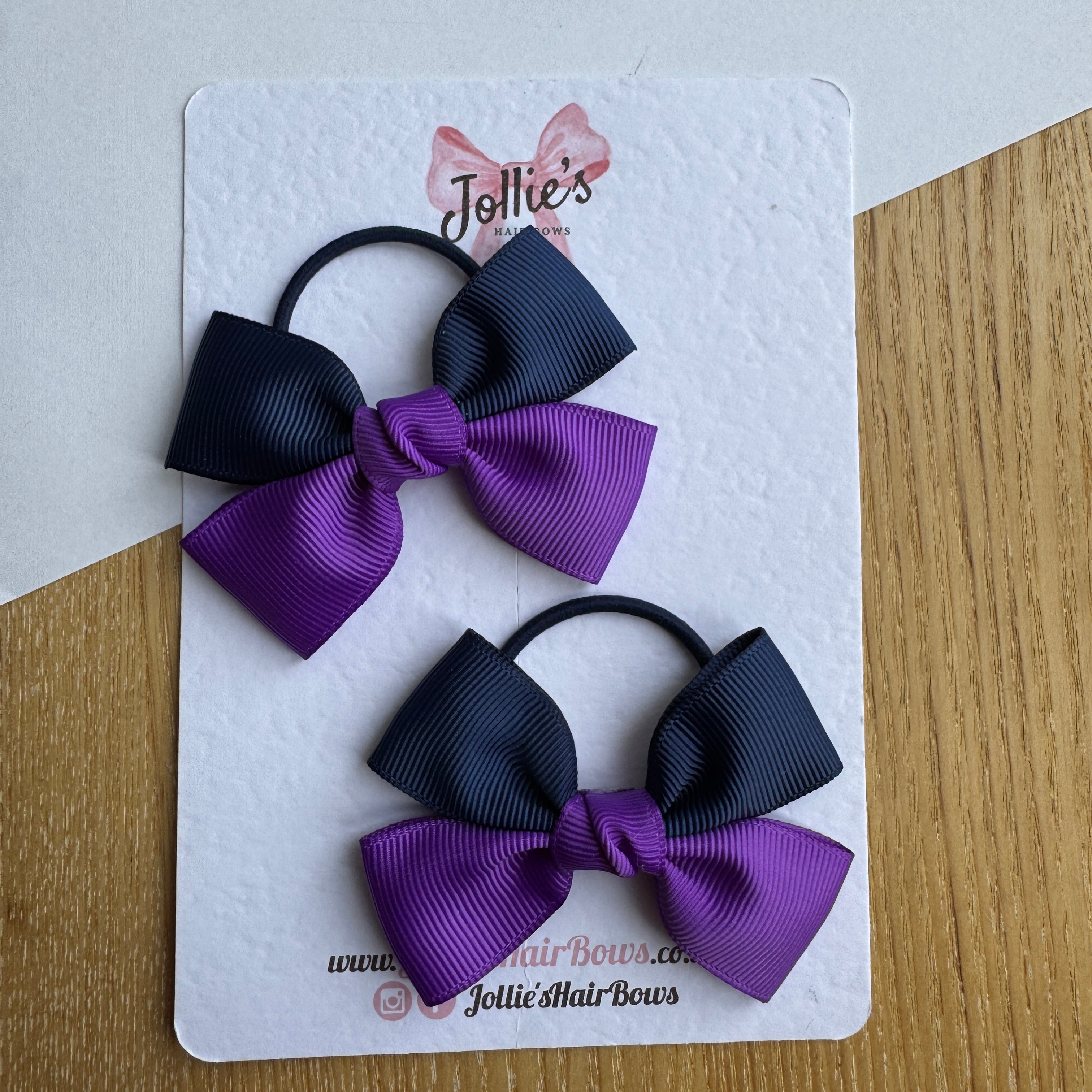 2.5" Navy & Purple Classic Hair Bow Pair – Grosgrain Ribbon on Thin Elastic