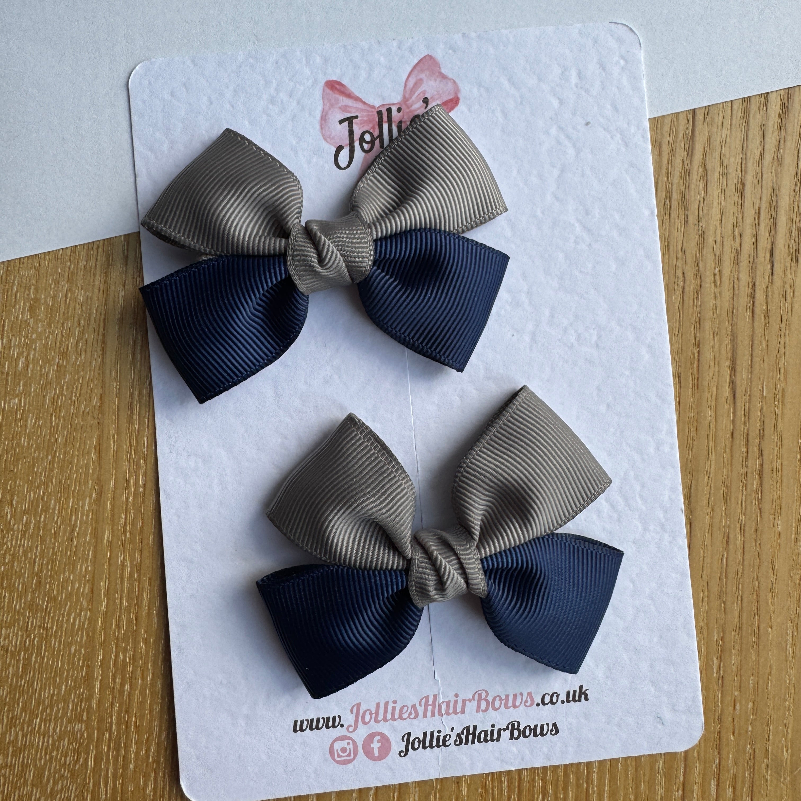 2.5" Navy & Metal Grey Classic Hair Bow Pair – Grosgrain Ribbon Clips with Teeth