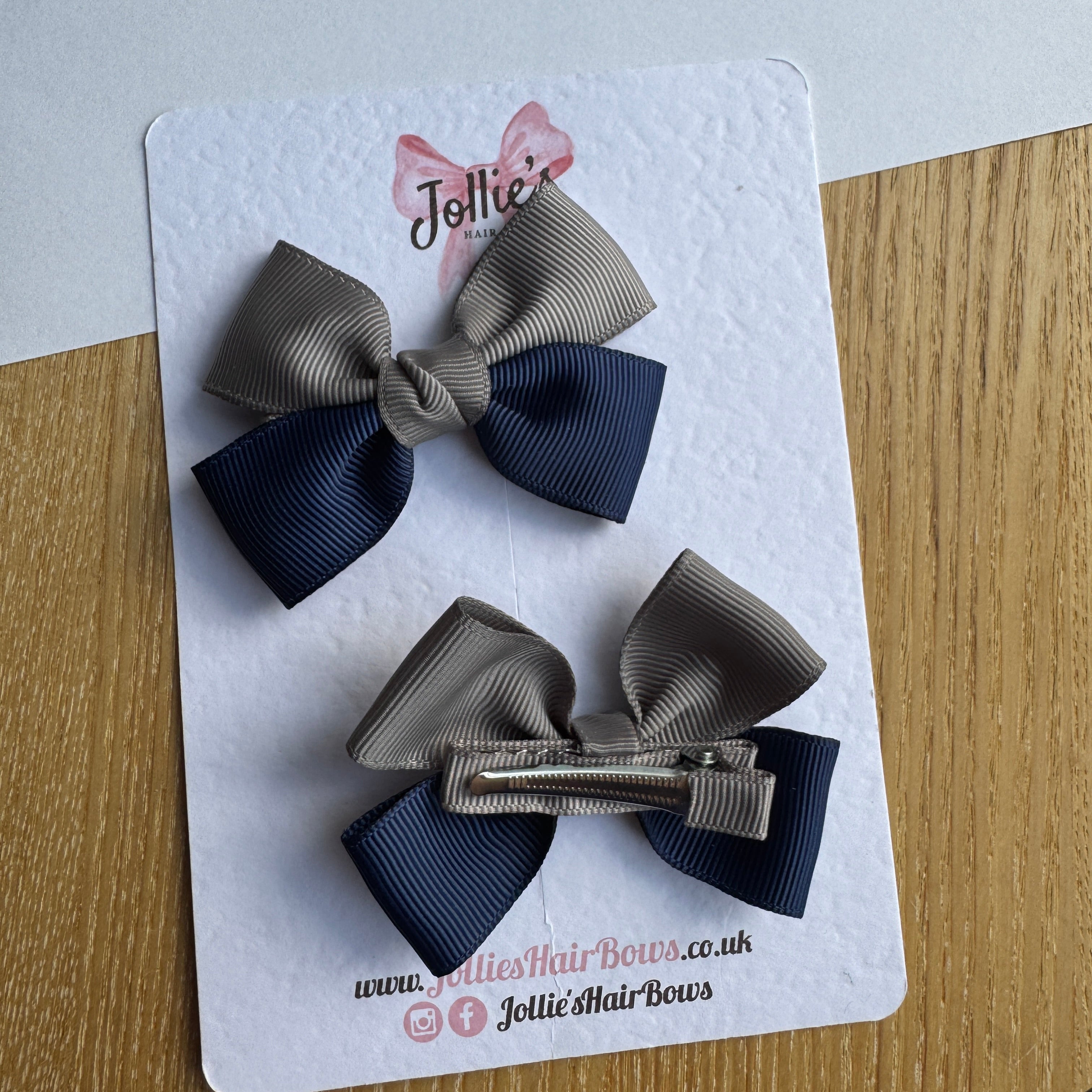 2.5" Navy & Metal Grey Classic Hair Bow Pair – Grosgrain Ribbon Clips with Teeth