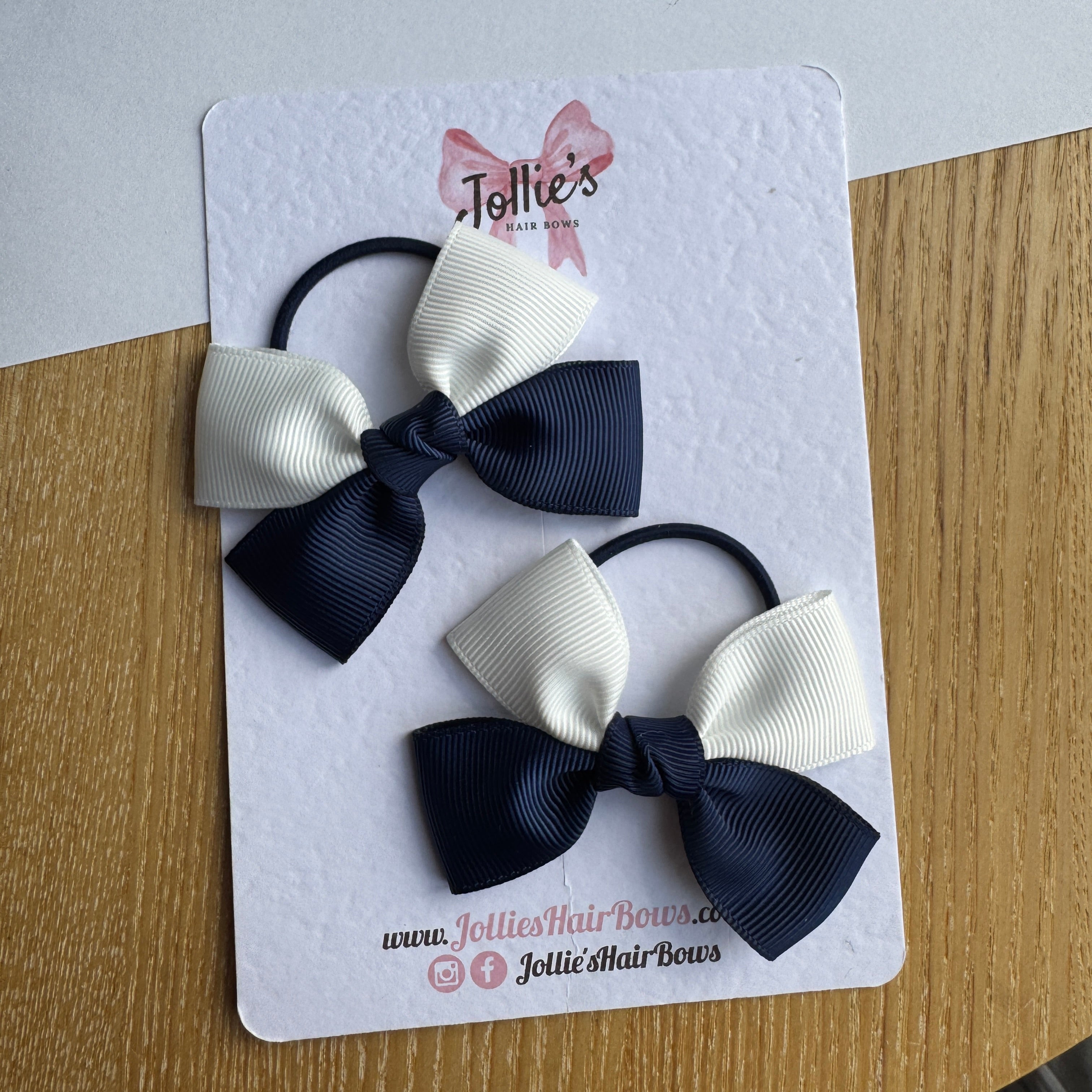 2.5" Navy & White Classic Hair Bow Pair – Grosgrain Ribbon on Thin Elastic