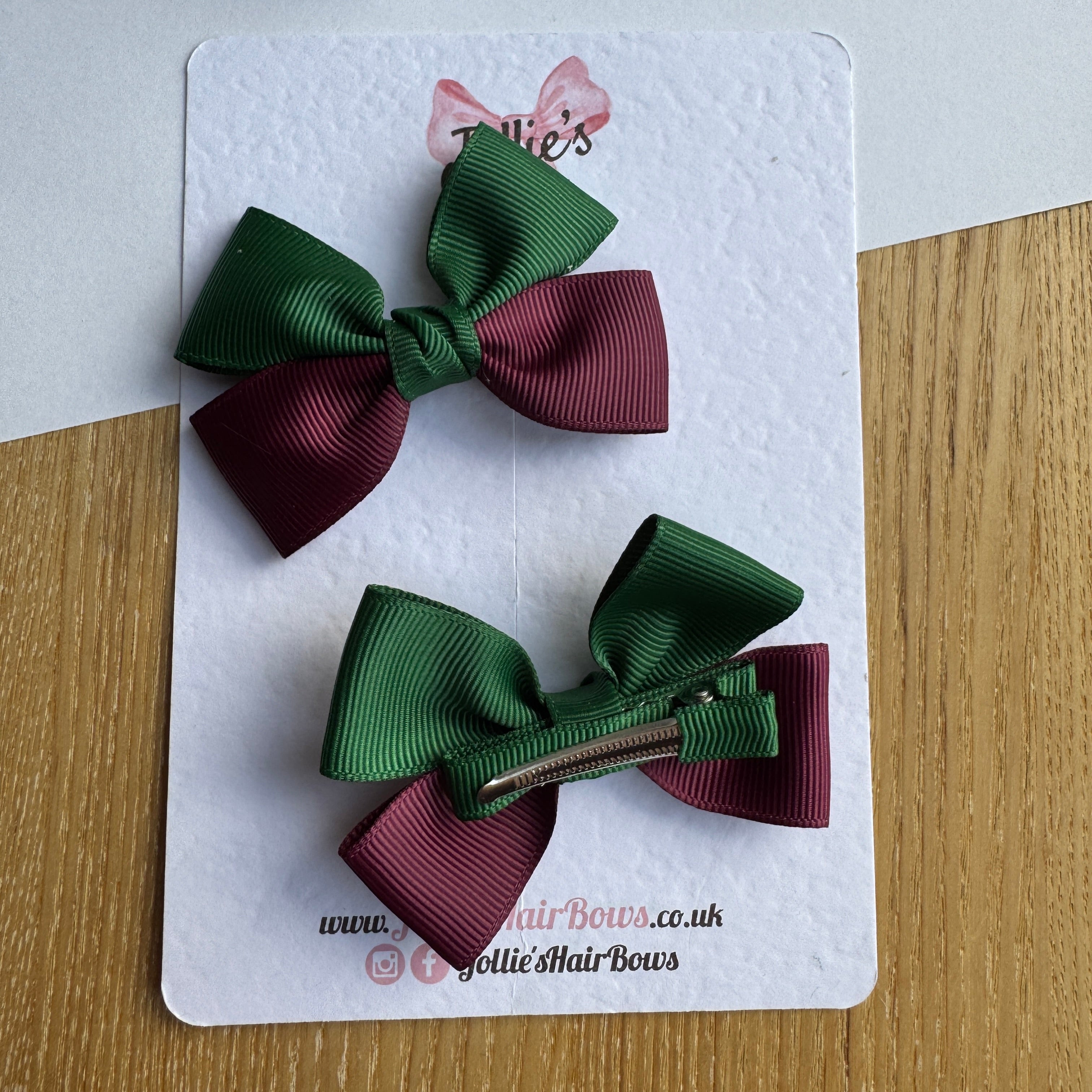 2.5" Burgundy & Forest Green Classic Hair Bow Pair – Grosgrain Ribbon Clips with Teeth