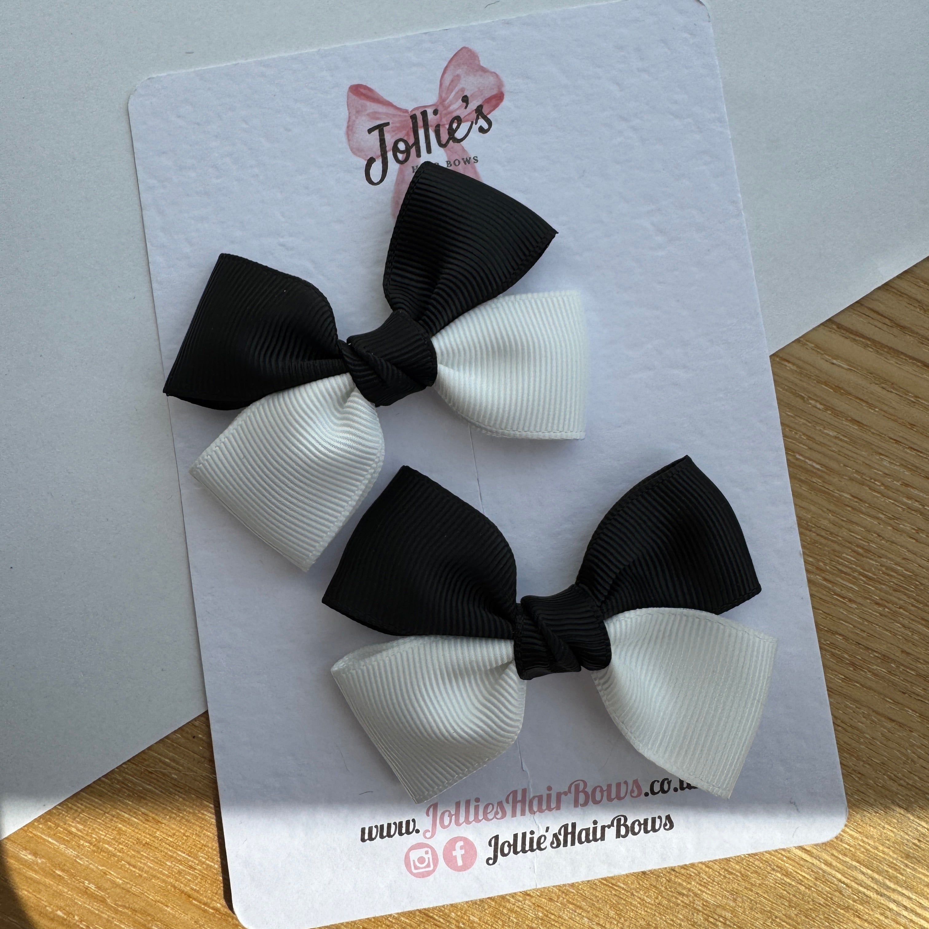 2.5" Black & White Classic Hair Bow Pair – Grosgrain Ribbon Clips with Teeth