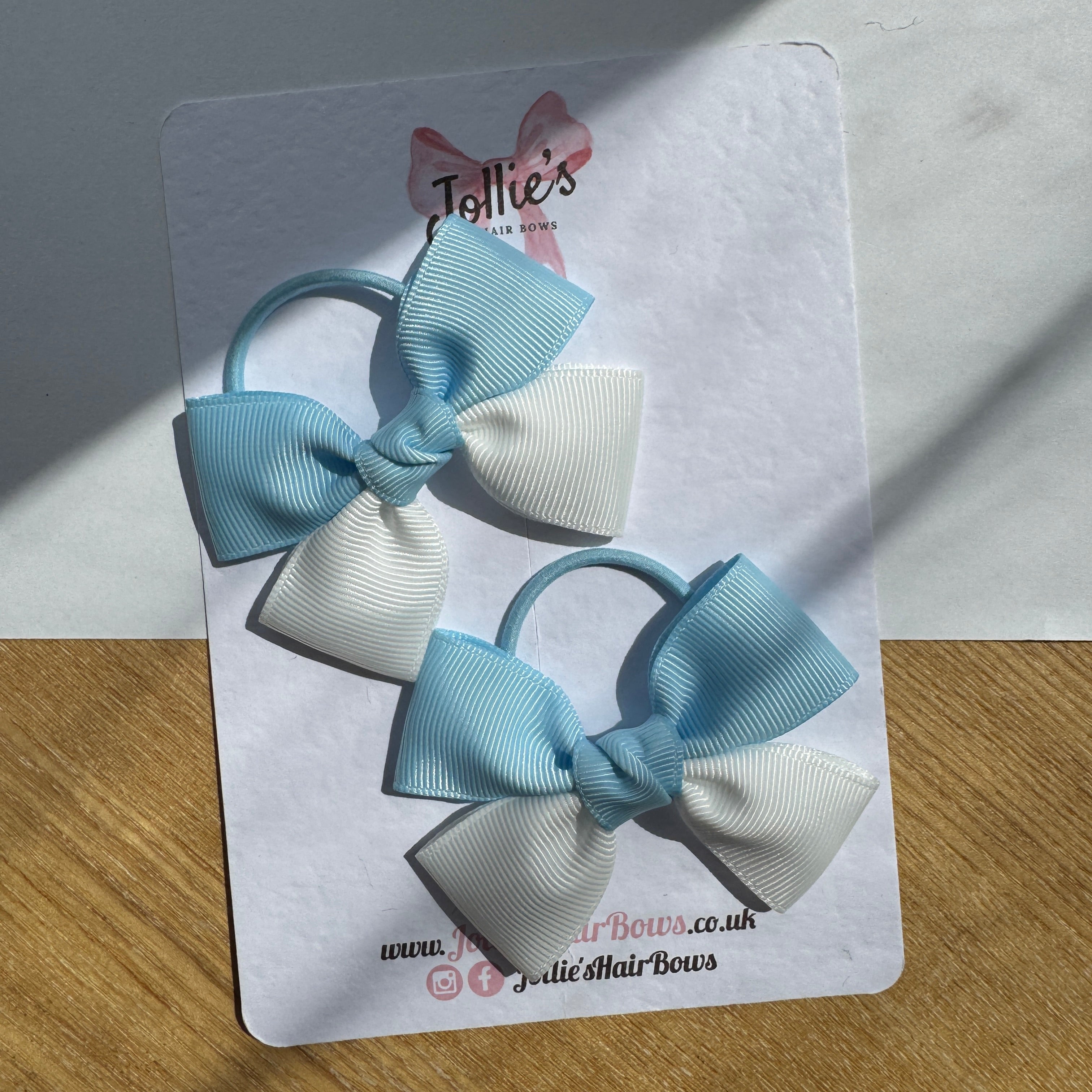 2.5" Blue Topaz & White Classic Hair Bow Pair – Grosgrain Ribbon on Thin Elastic