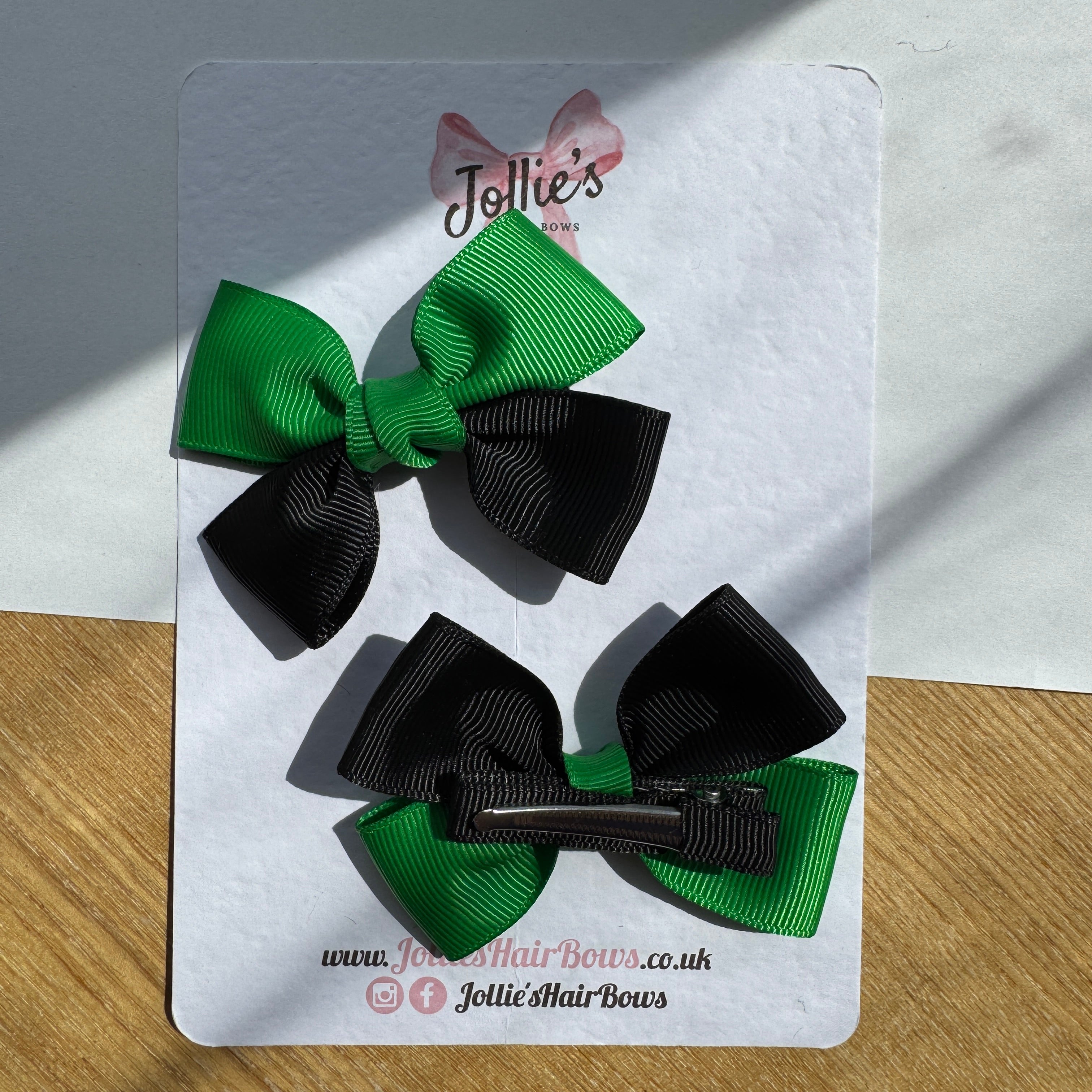 2.5" Emerald Green & Black Classic Hair Bow Pair – Grosgrain Ribbon Clips with Teeth