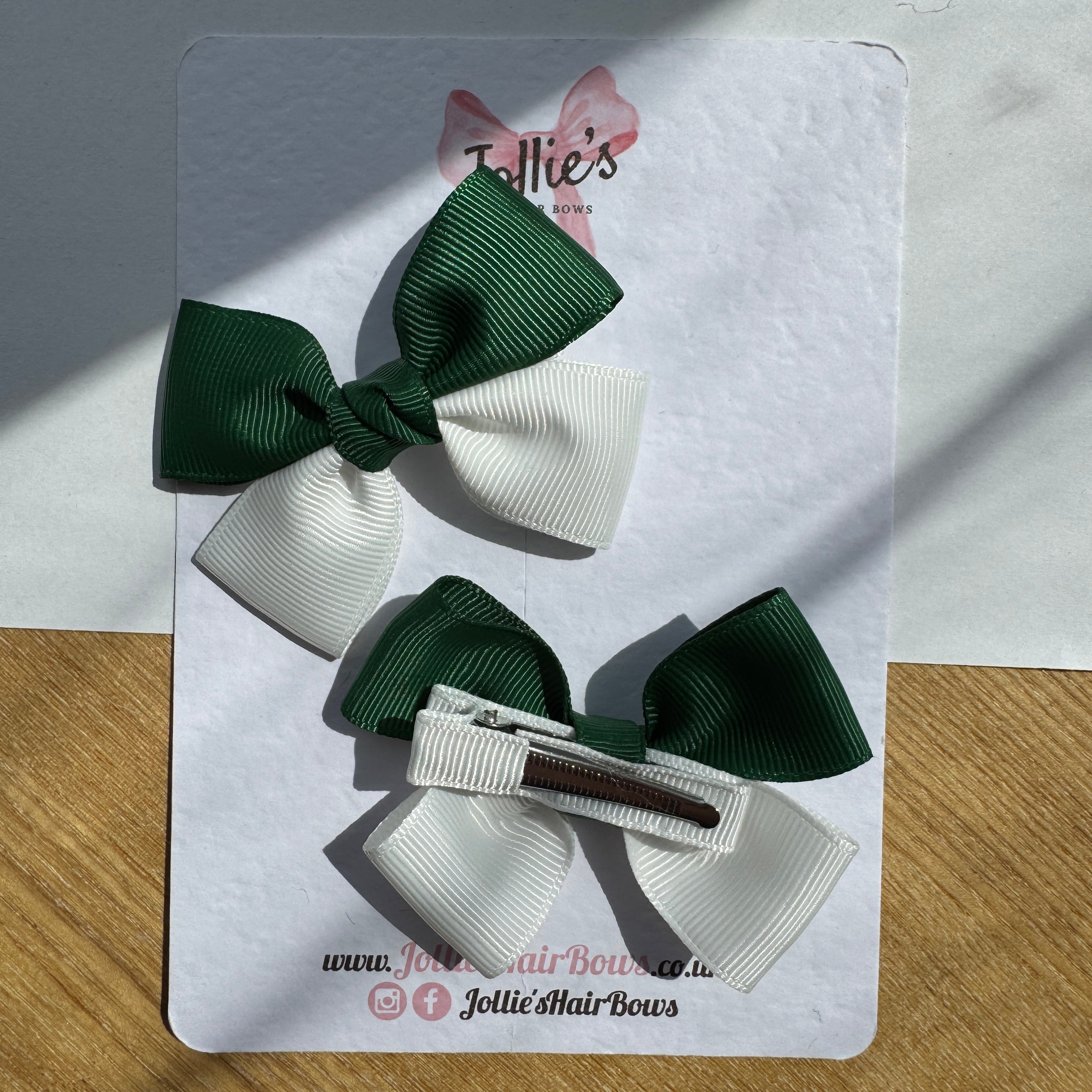 2.5" Forest Green & White Classic Hair Bow Pair – Grosgrain Ribbon Clips with Teeth