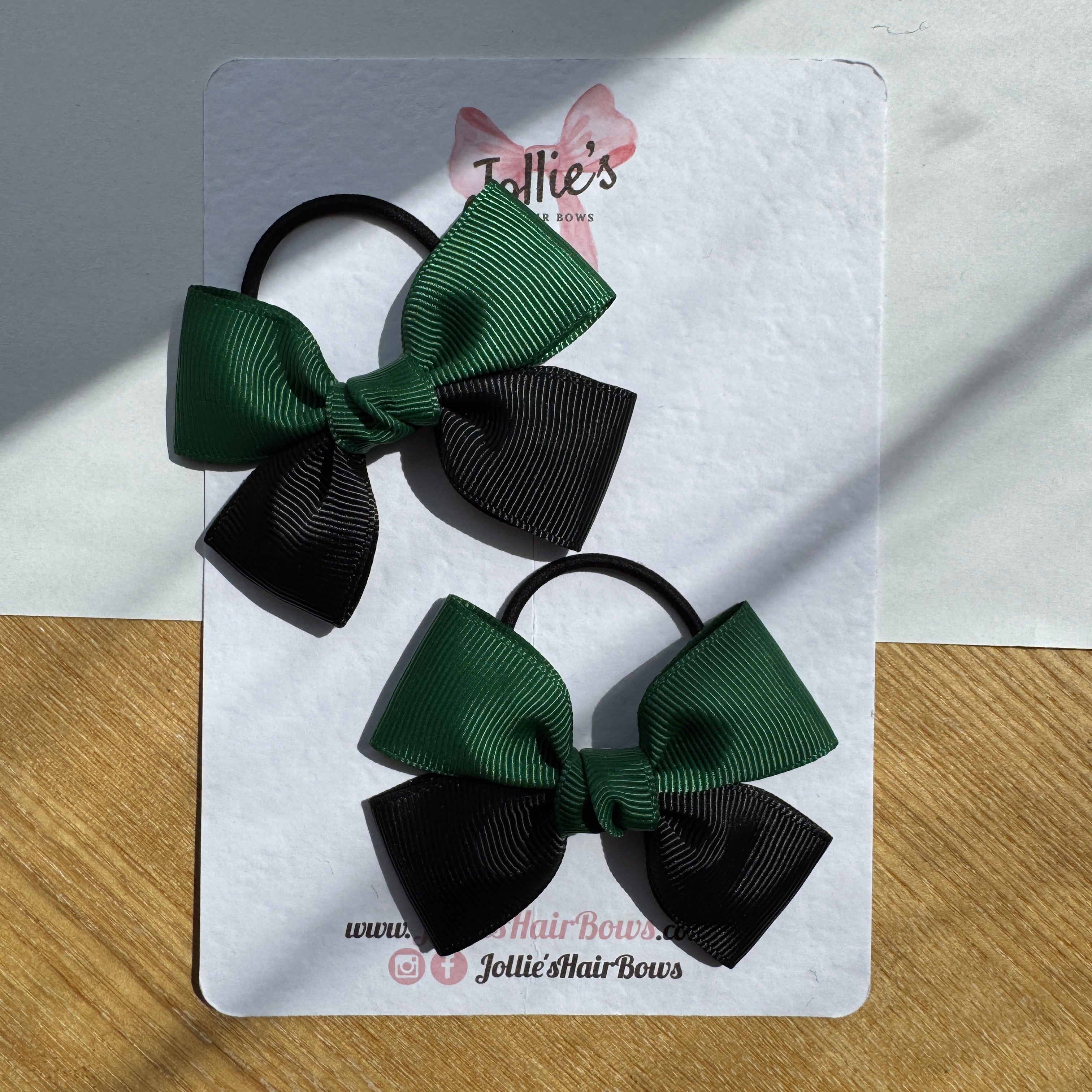 2.5" Forest Green & Black Classic Hair Bow Pair β Grosgrain Ribbon on Thin Elastic