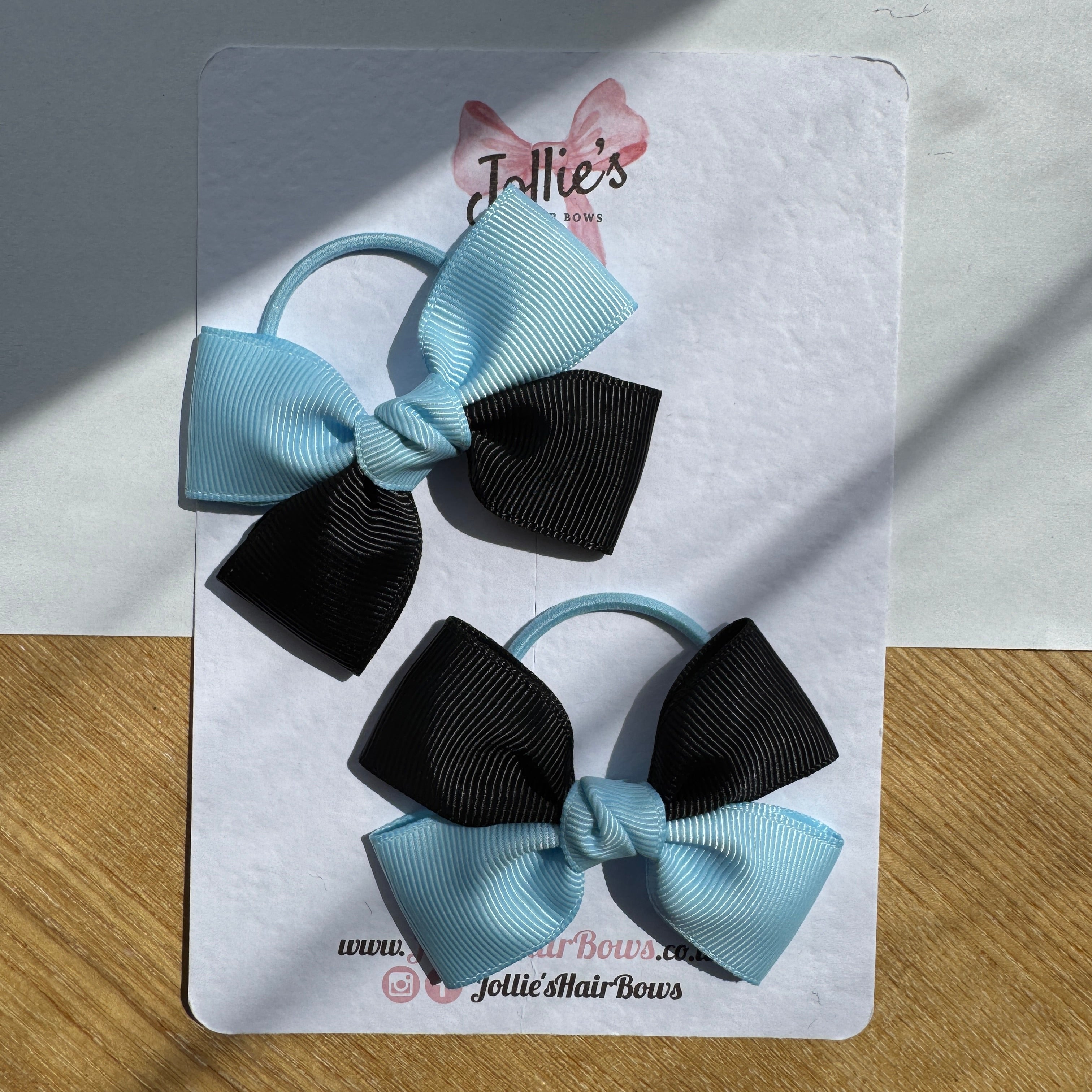 2.5" Blue Topaz & Black Classic Hair Bow Pair β Grosgrain Ribbon on Thin Elastic