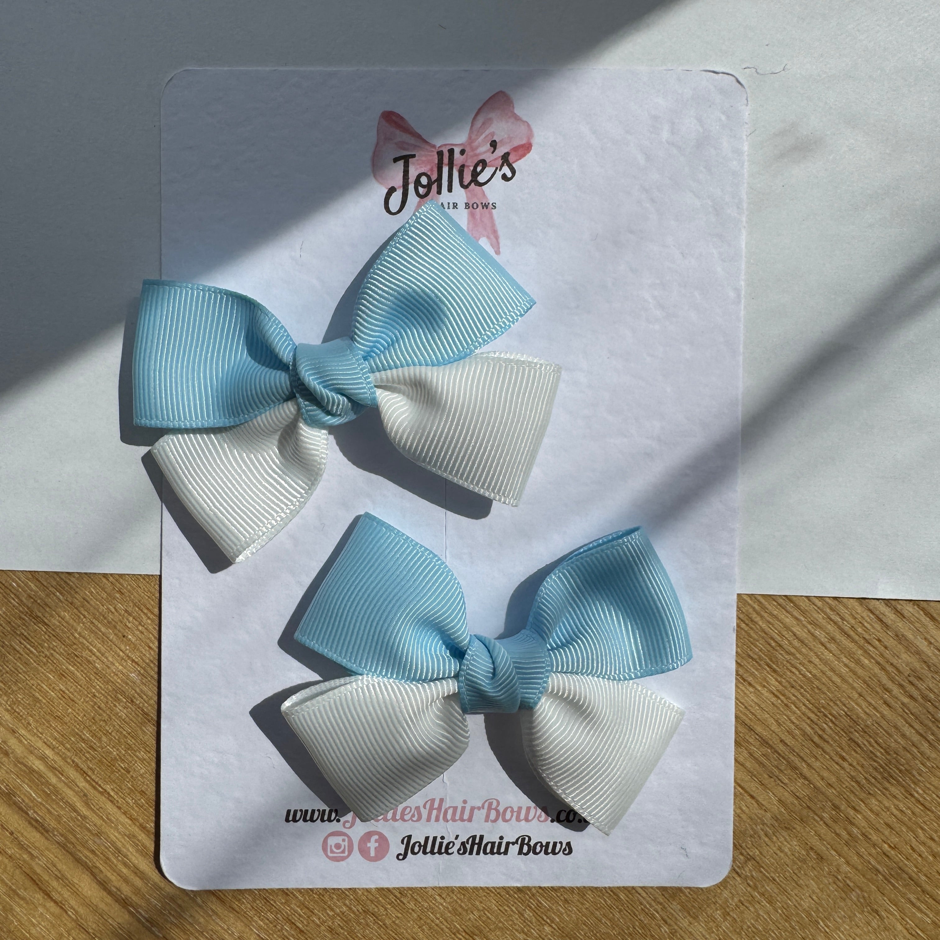 2.5" Blue Topaz & White Classic Hair Bow Pair – Grosgrain Ribbon Clips with Teeth