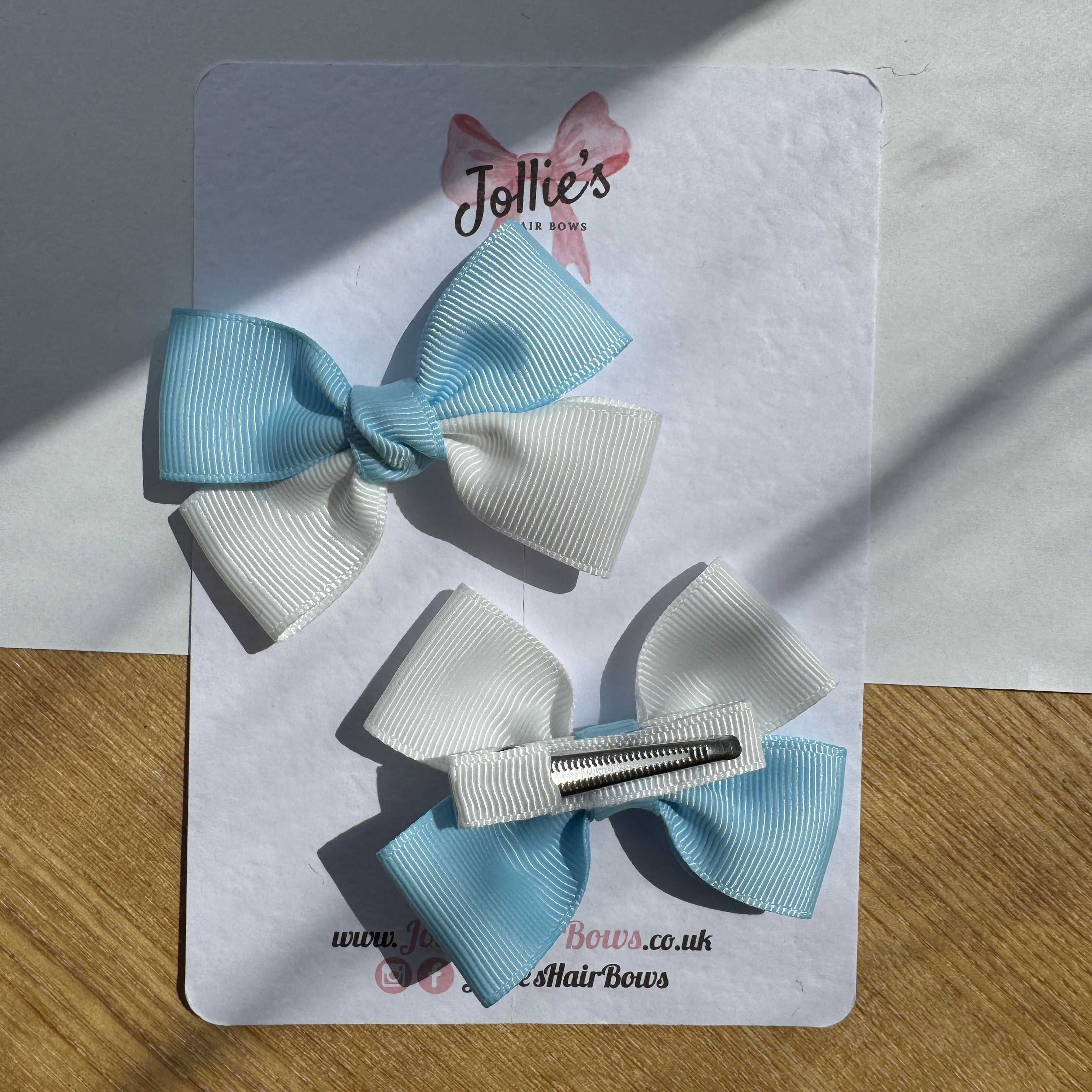 2.5" Blue Topaz & White Classic Hair Bow Pair – Grosgrain Ribbon Clips with Teeth