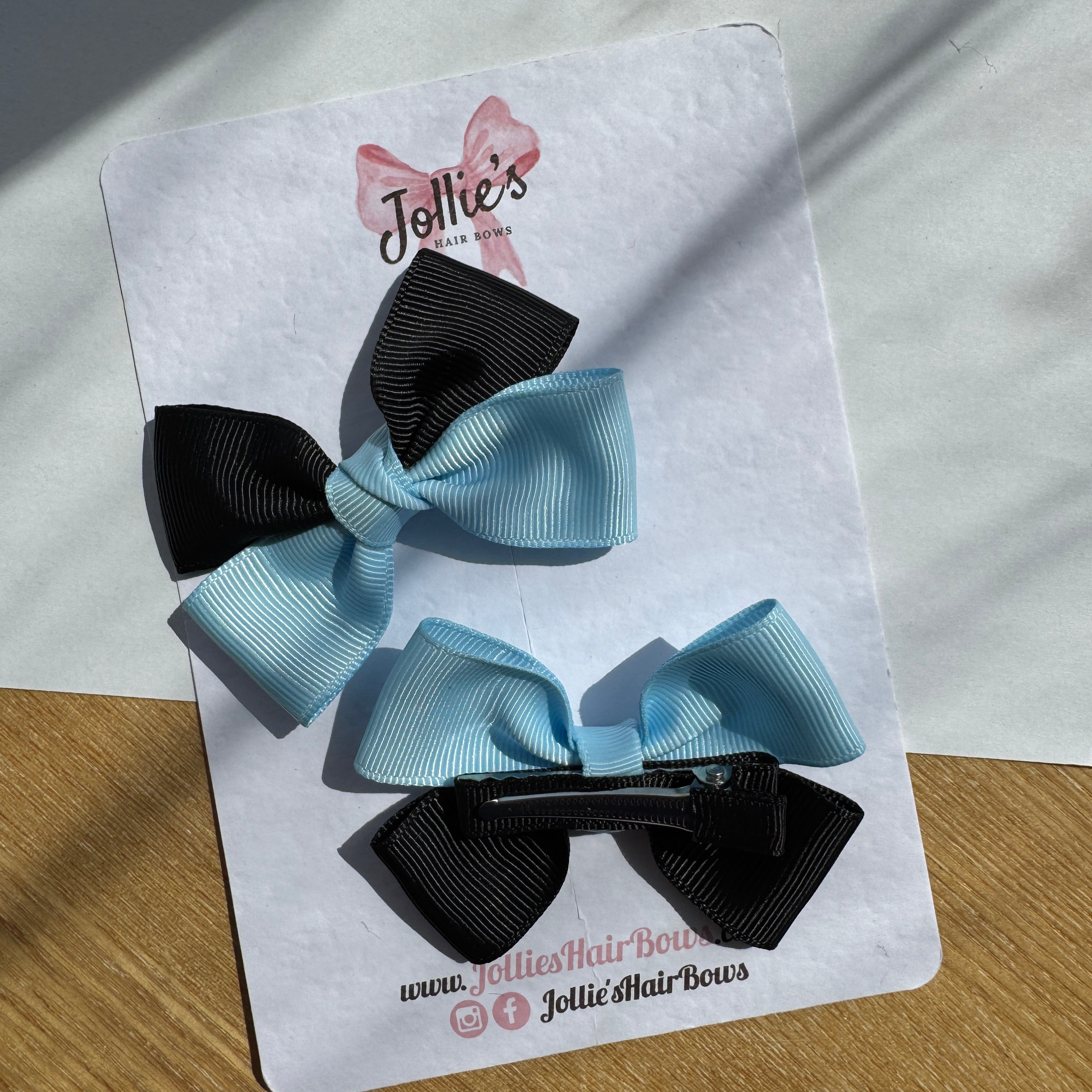 2.5" Blue Topaz & Black Classic Hair Bow Pair – Grosgrain Ribbon Clips with Teeth